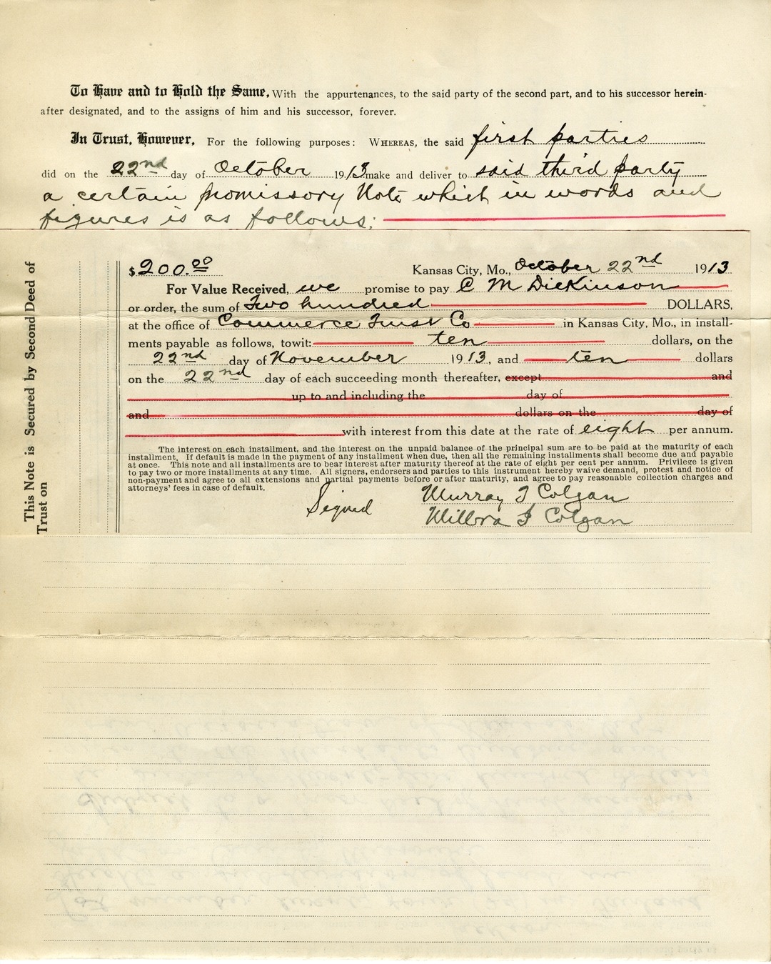 Deed of Trust from Murray T. Colgan and Milbra I. Colgan to E. H. Cornelius and C. M. Dickinson