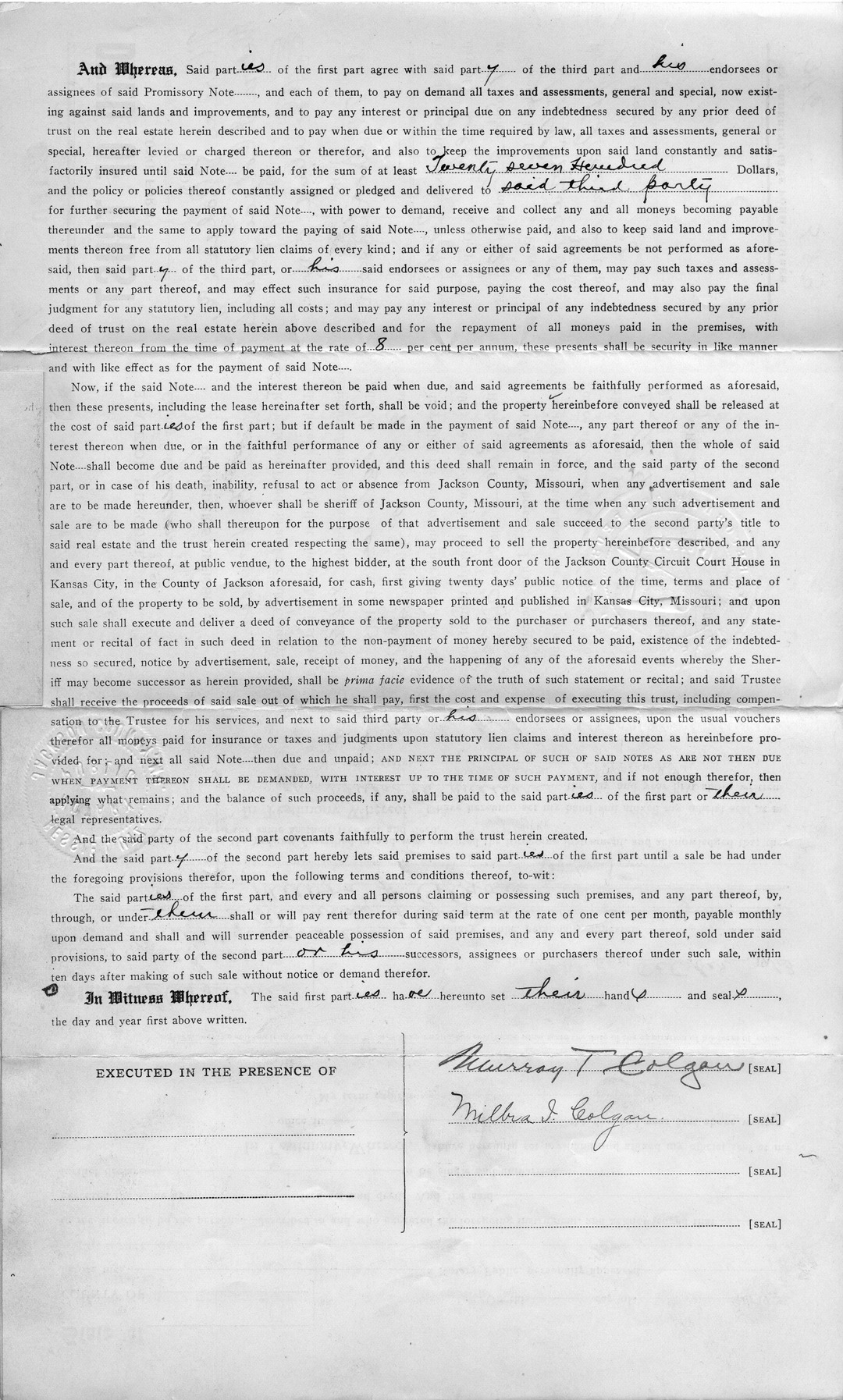 Deed of Trust from Murray T. Colgan and Milbra I. Colgan to E. H. Cornelius and C. M. Dickinson