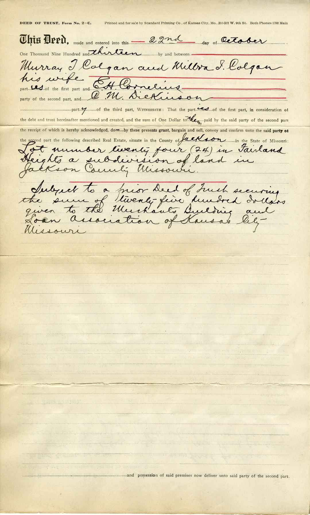 Deed of Trust from Murray T. Colgan and Milbra I. Colgan to E. H. Cornelius and C. M. Dickinson