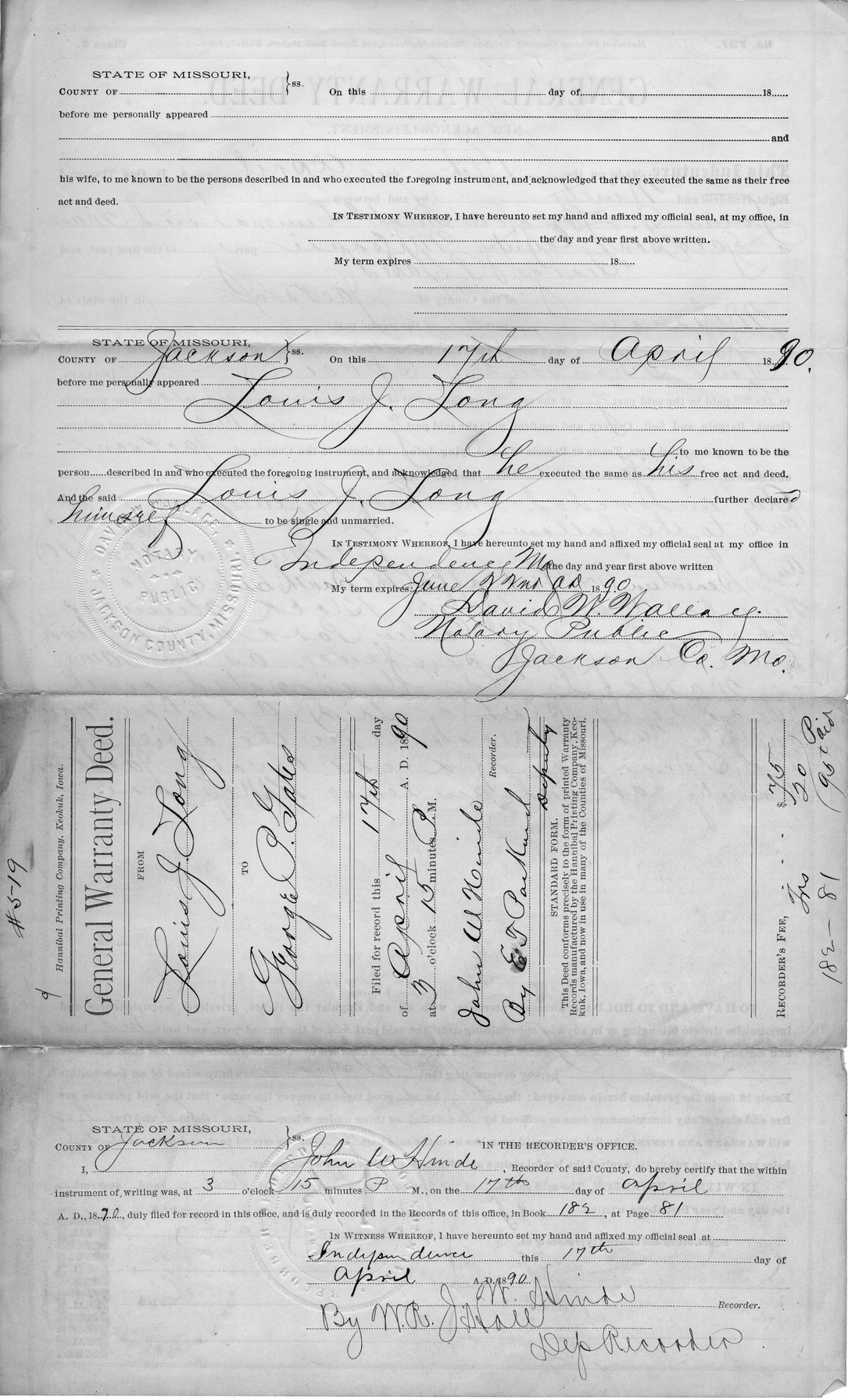 General Warranty Deed from Louis J. Long to George P. Gates