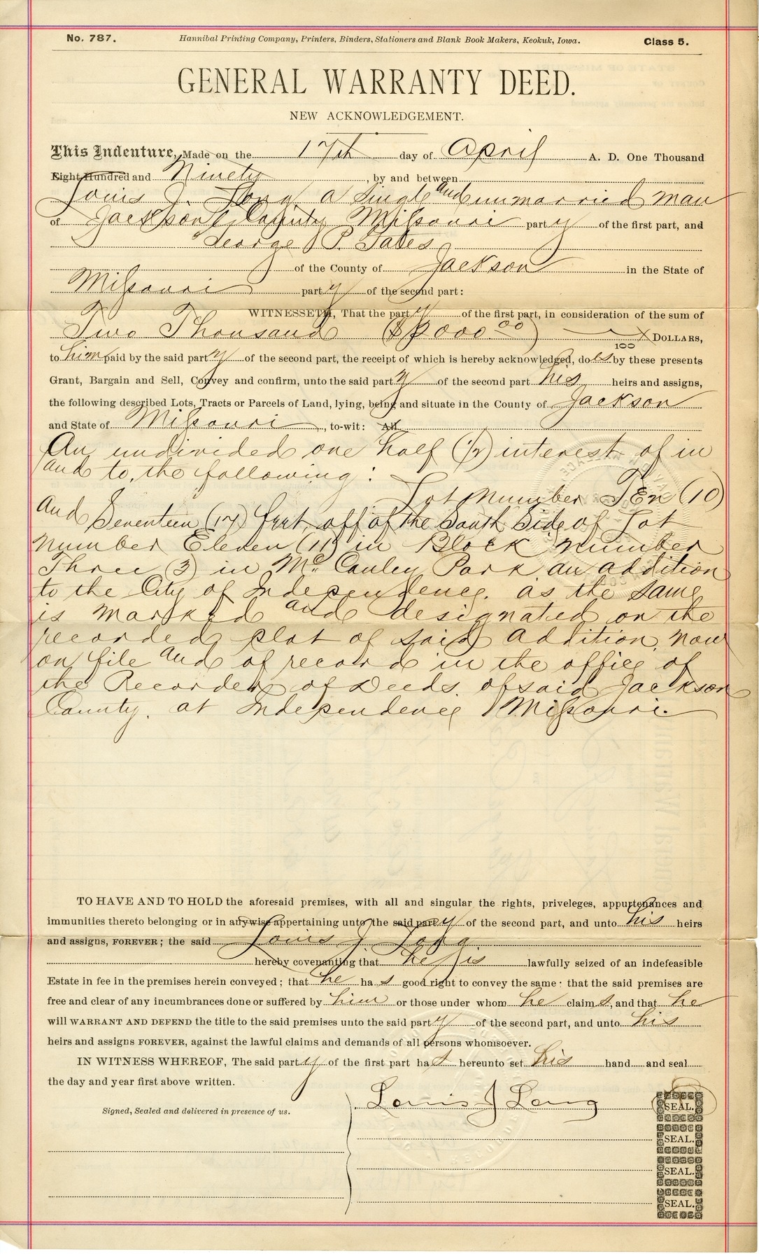 General Warranty Deed from Louis J. Long to George P. Gates