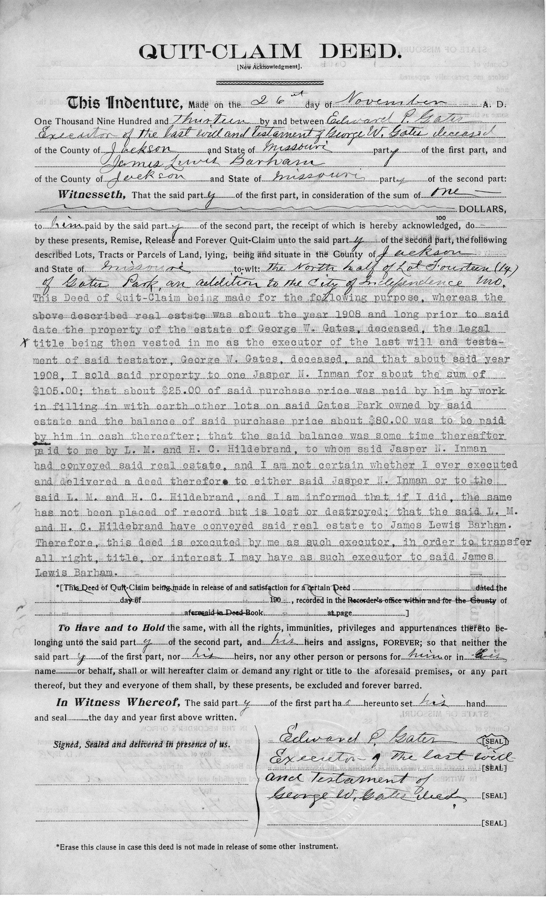 Quit-Claim Deed from Edward P. Gates to James Lewis Barham