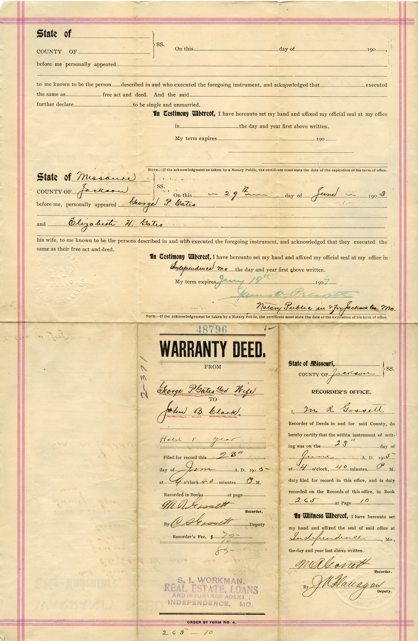 Warranty Deed from George P. Gates and Elizabeth H. Gates to John B. Clark