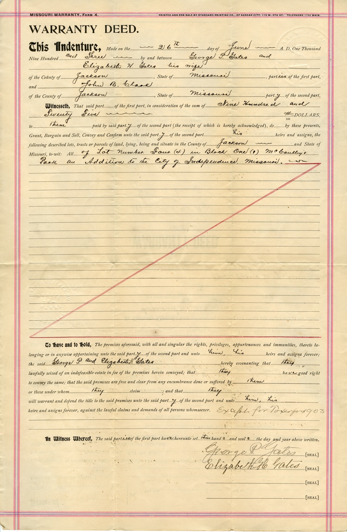 Warranty Deed from George P. Gates and Elizabeth H. Gates to John B. Clark