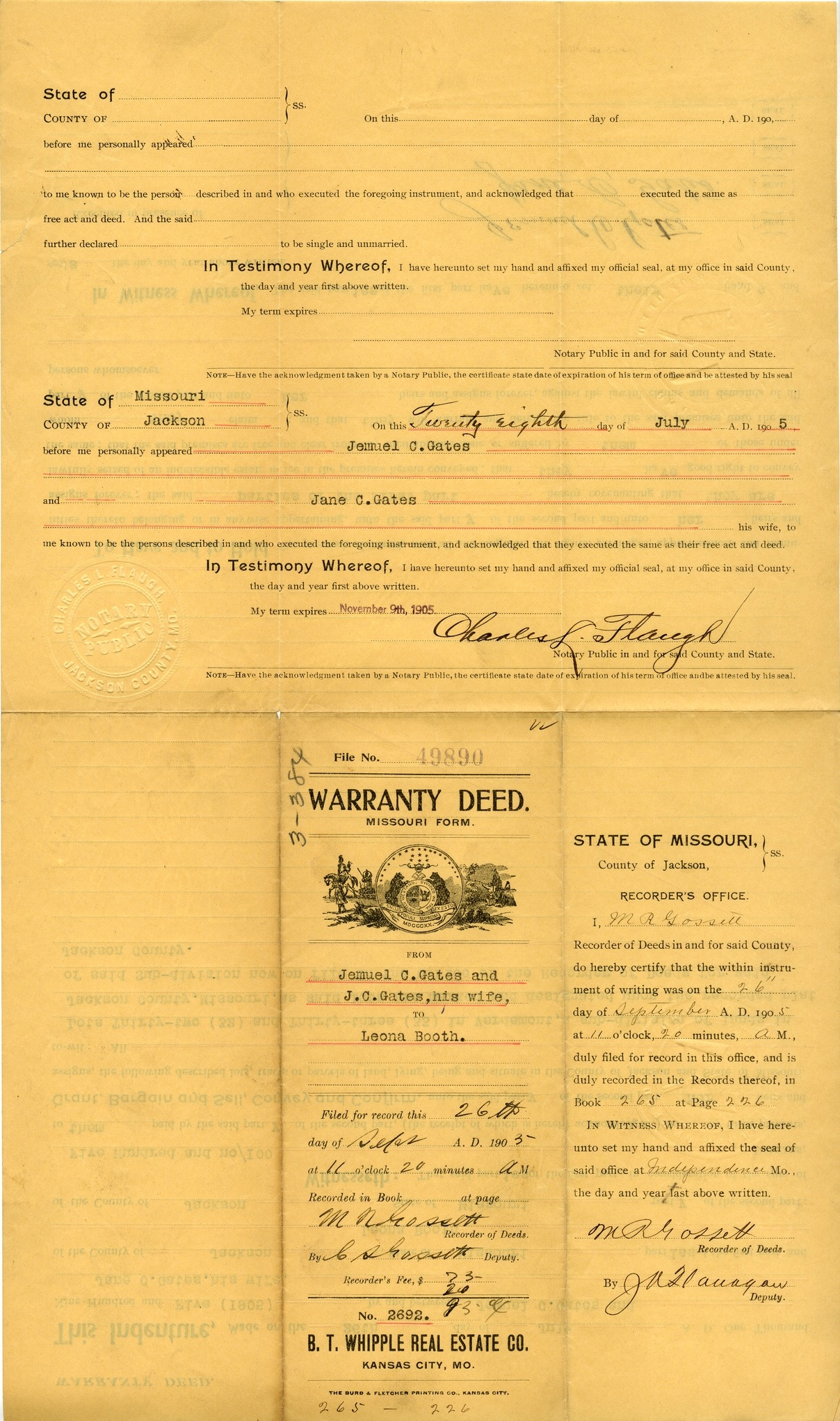 Warranty Deed from Jemuel C. Gates and J. C. Gates to Leona Booth