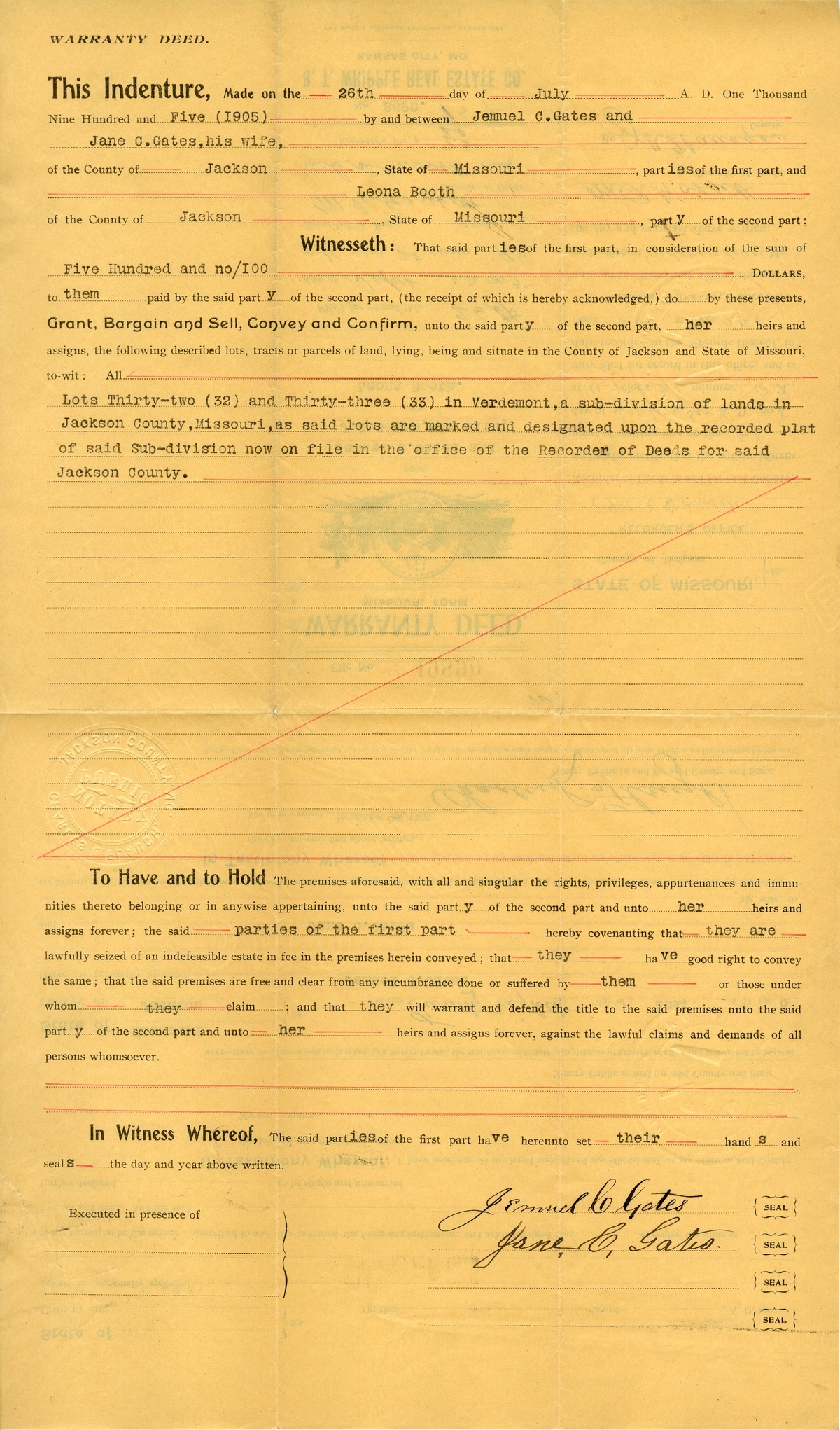 Warranty Deed from Jemuel C. Gates and J. C. Gates to Leona Booth