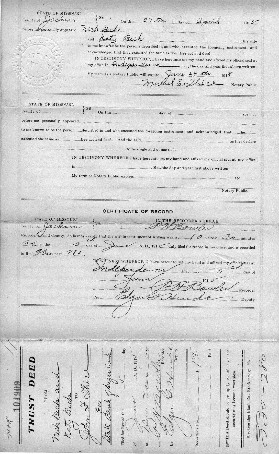 Trust Deed from Nick Beck and Katy Beck to John F. Thice