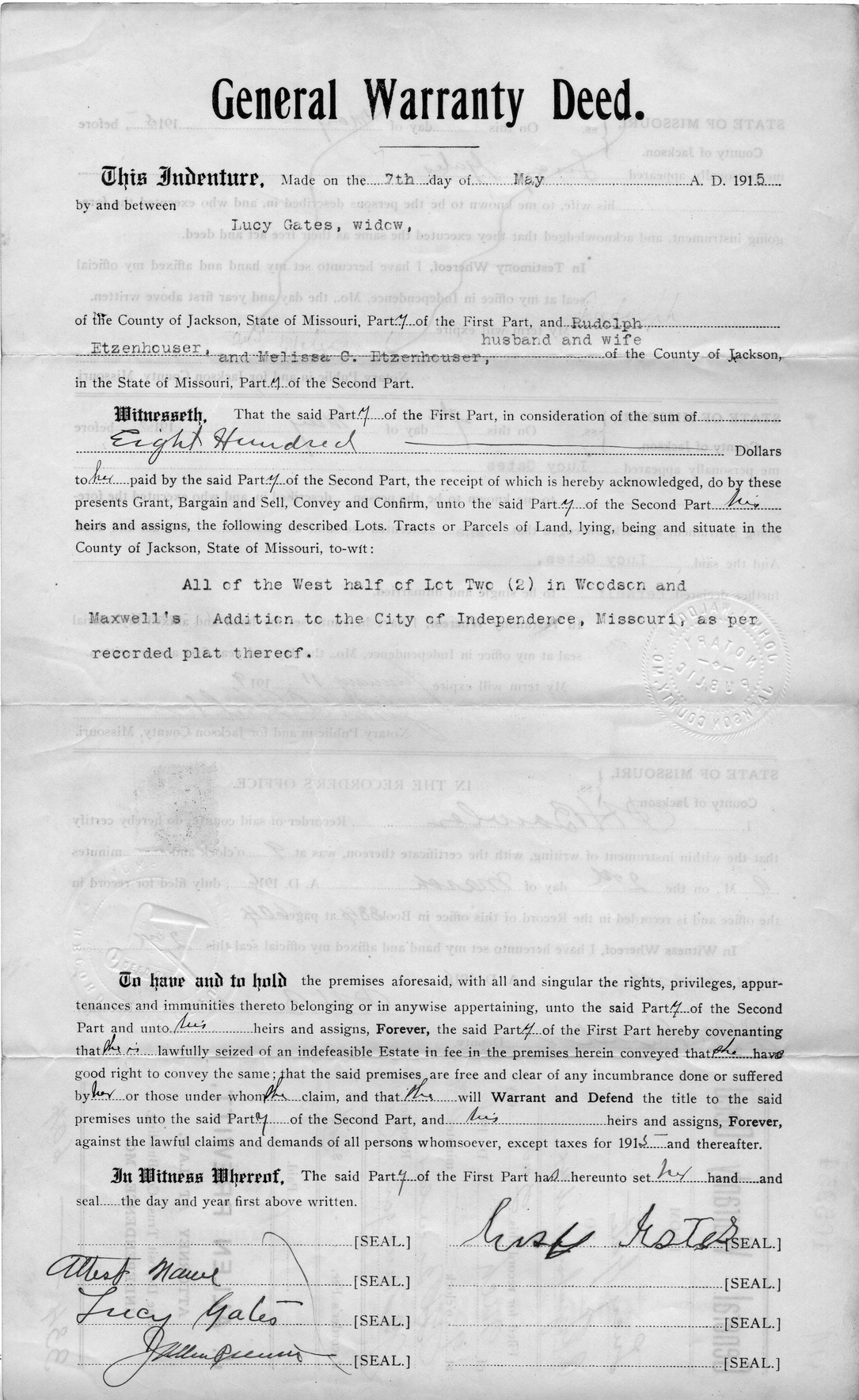 General Warranty Deed from Lucy Gates to Rudolph Etzenhouser and Melissa C. Etzenhouser