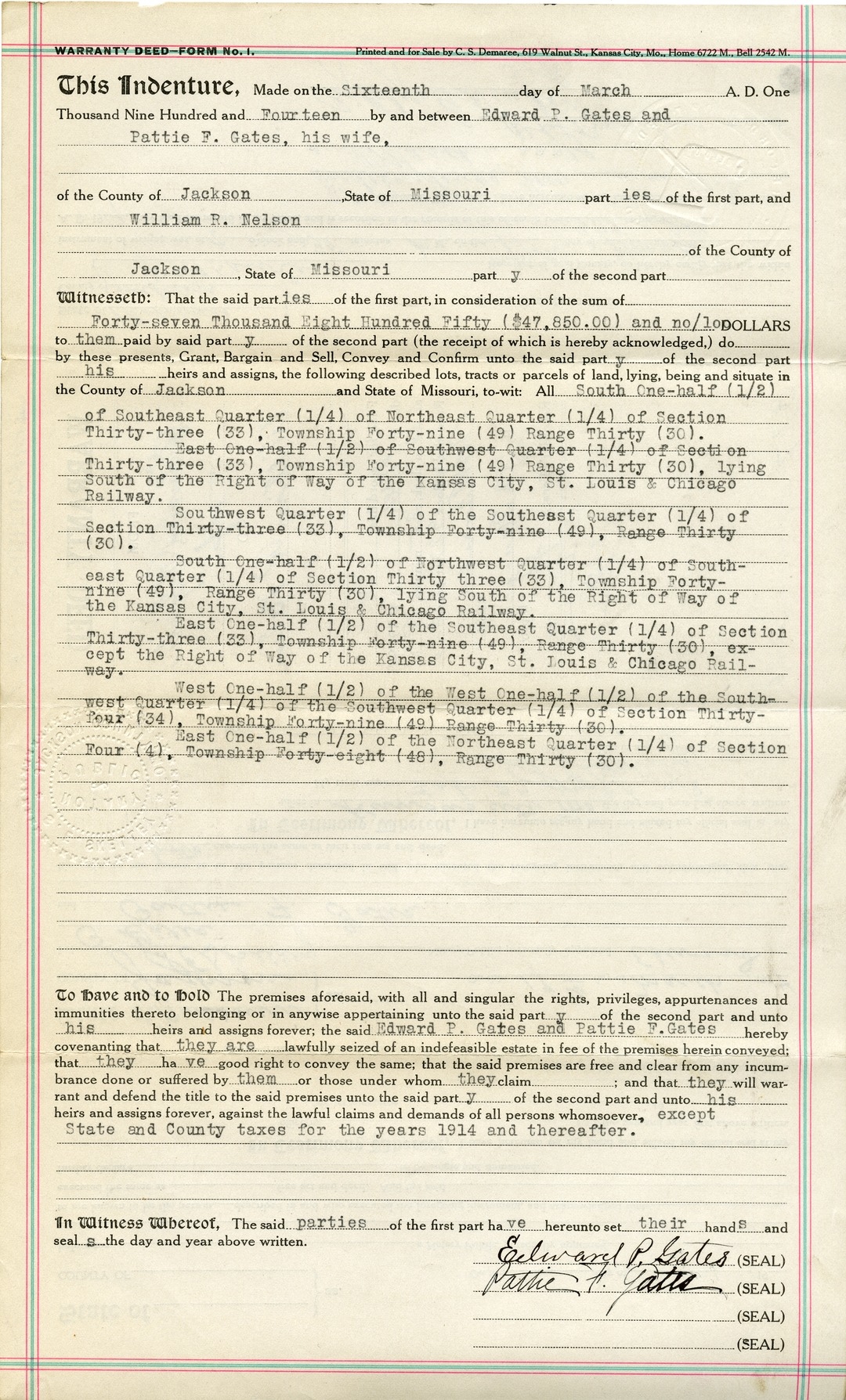 Warranty Deed from Edward P. Gates and Pattie F. Gates to William R. Nelson