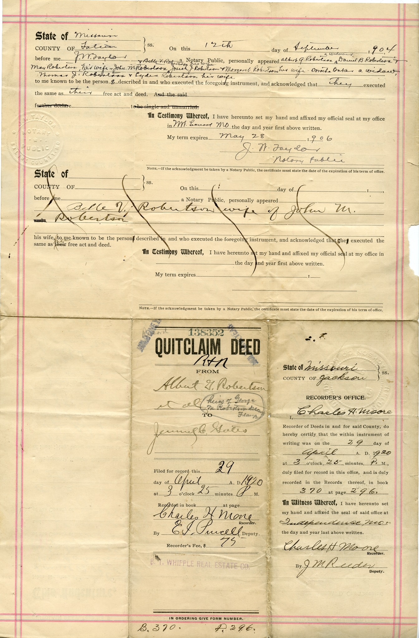 Quit-Claim Deed from Albert G. Robertson to Jemuel C. Gates