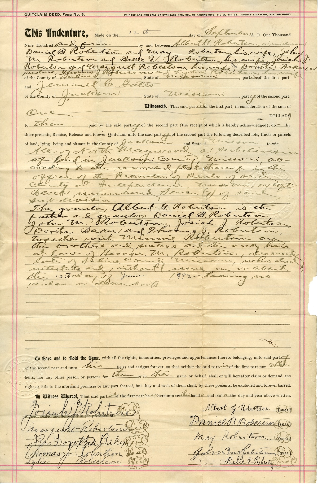 Quit-Claim Deed from Albert G. Robertson to Jemuel C. Gates