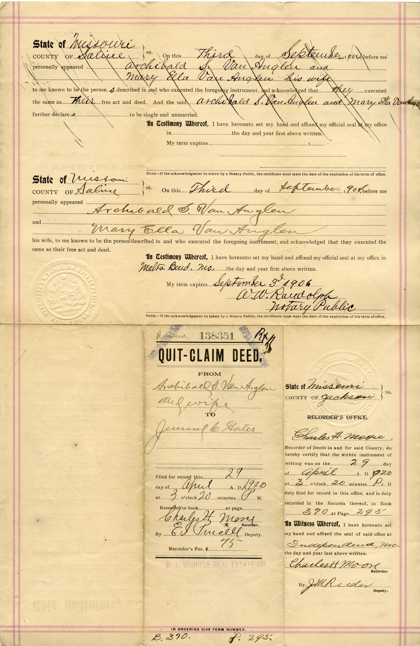 Quit-Claim Deed from Archibald A. Van Anglen and Mary Ella Van Anglen to Jemuel C. Gates