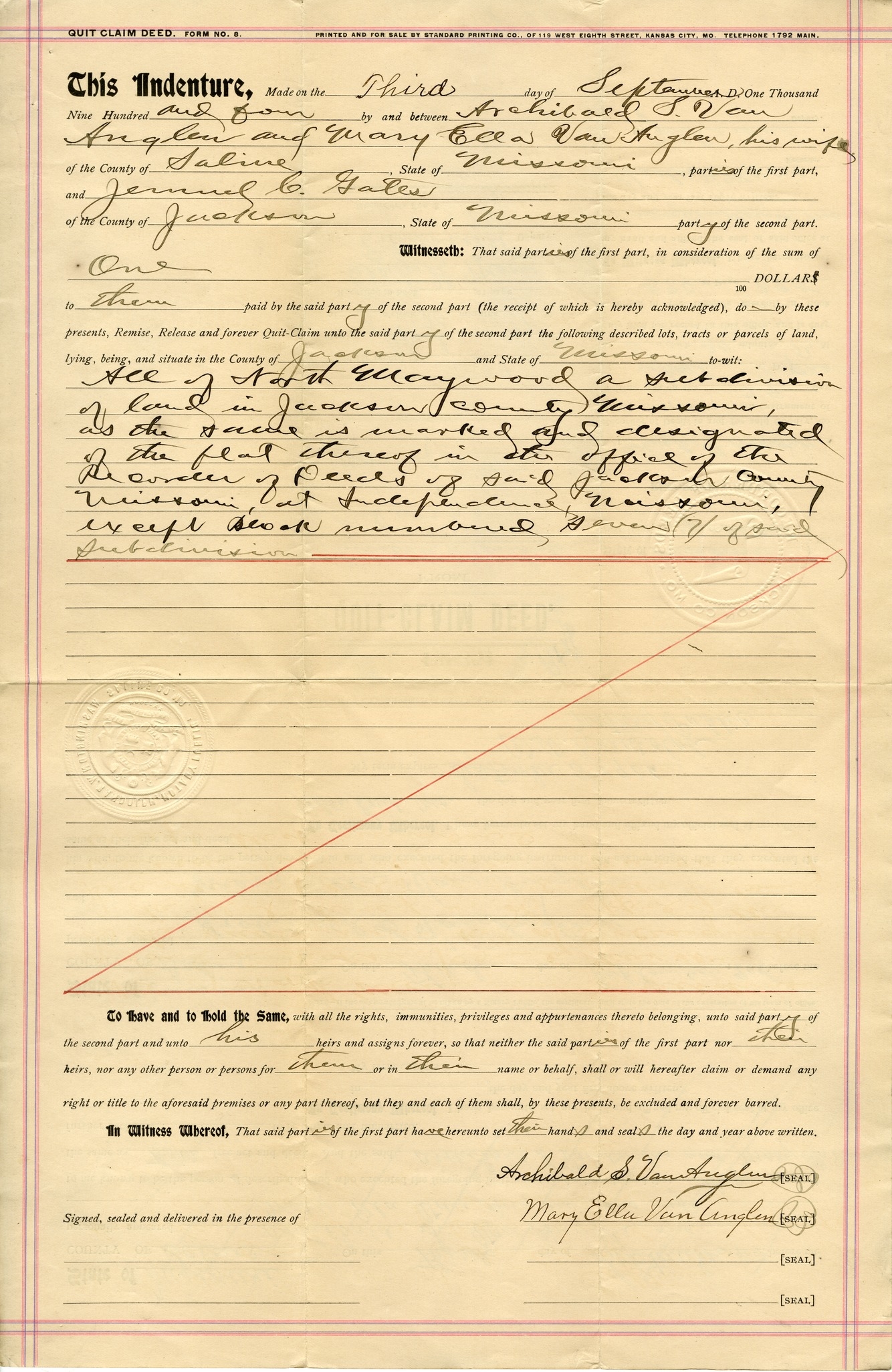 Quit-Claim Deed from Archibald A. Van Anglen and Mary Ella Van Anglen to Jemuel C. Gates