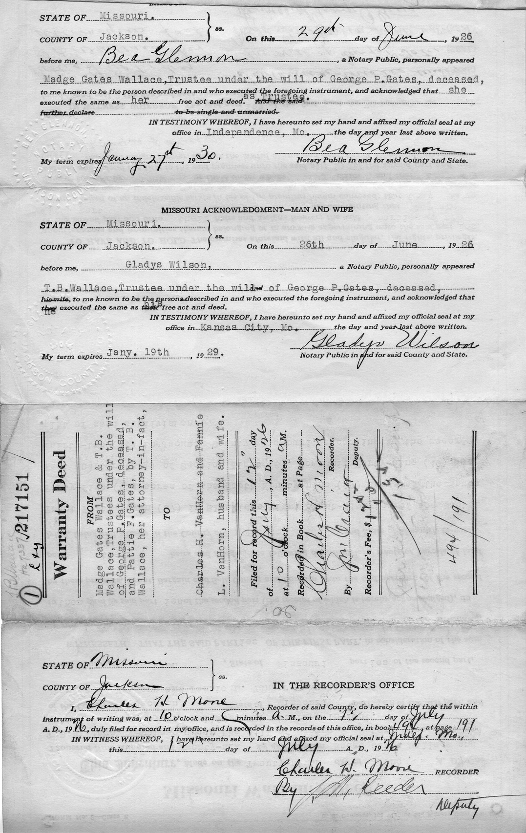 Warranty Deed from Madge Gates Wallace, T. B. Wallace, and Pattie P. Gates, to Charles H. Van Horn and Fannie L. Van Horn