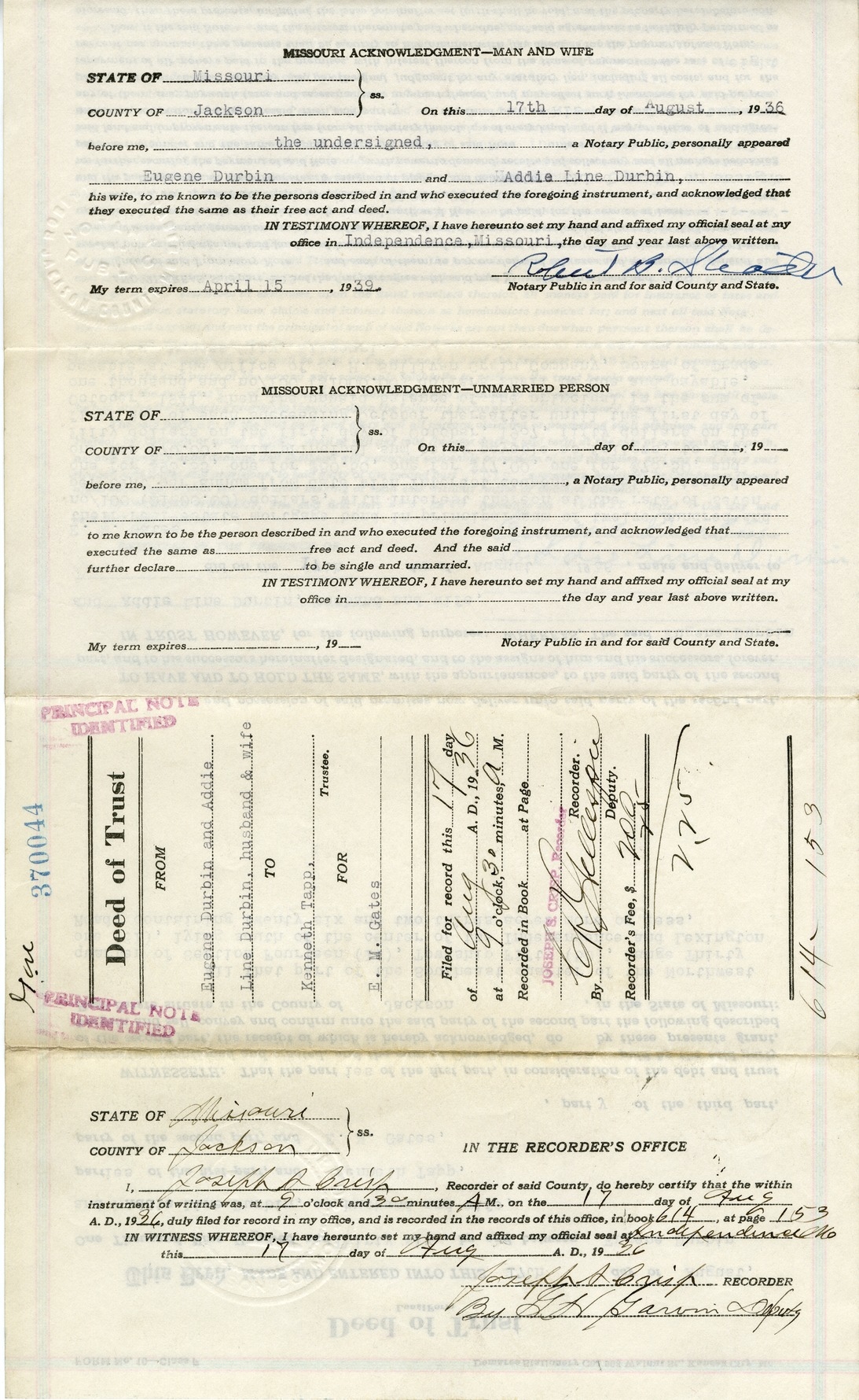 Deed of Trust from Eugene Durbin and Addie Line Durbin to Kenneth Tapp