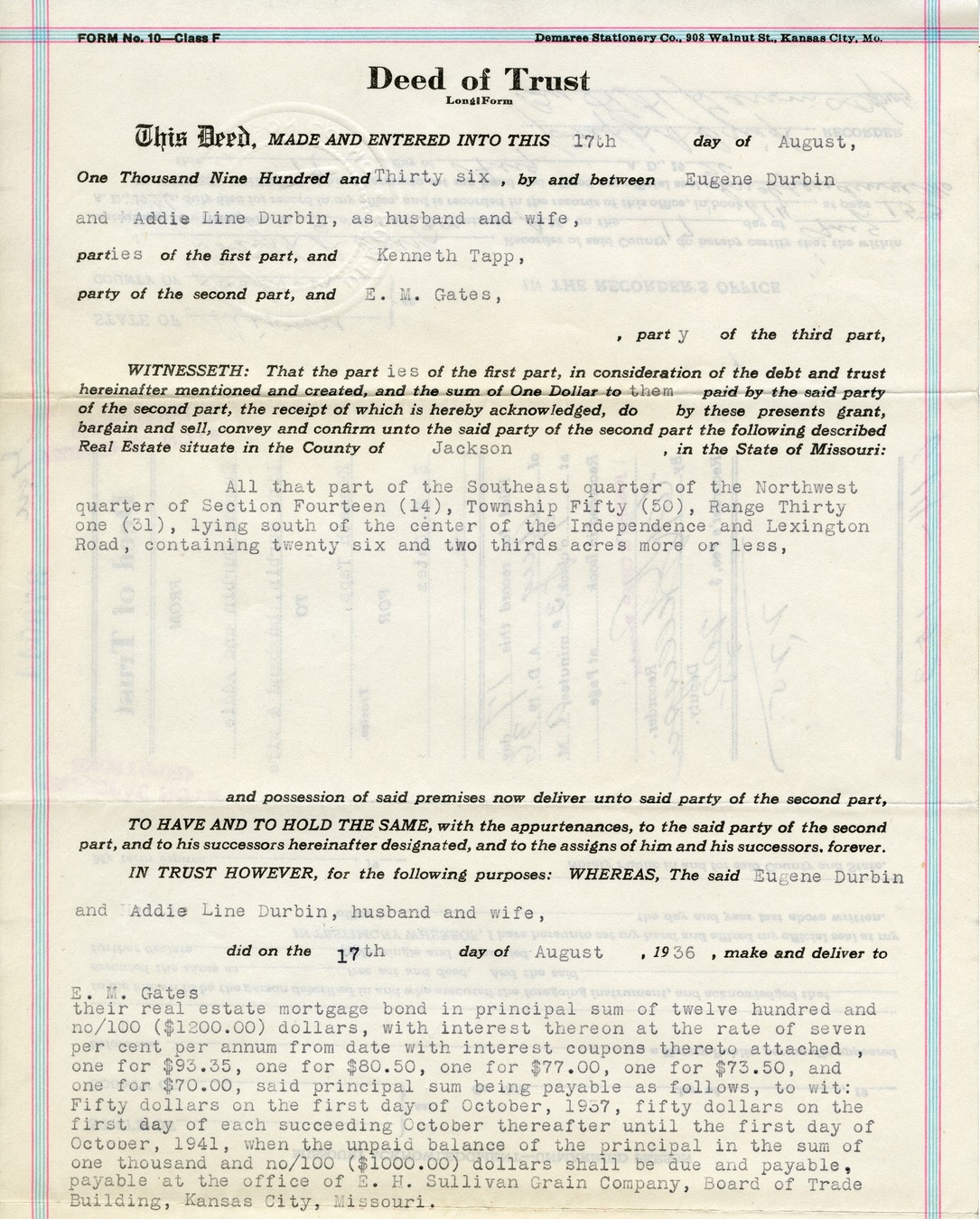 Deed of Trust from Eugene Durbin and Addie Line Durbin to Kenneth Tapp