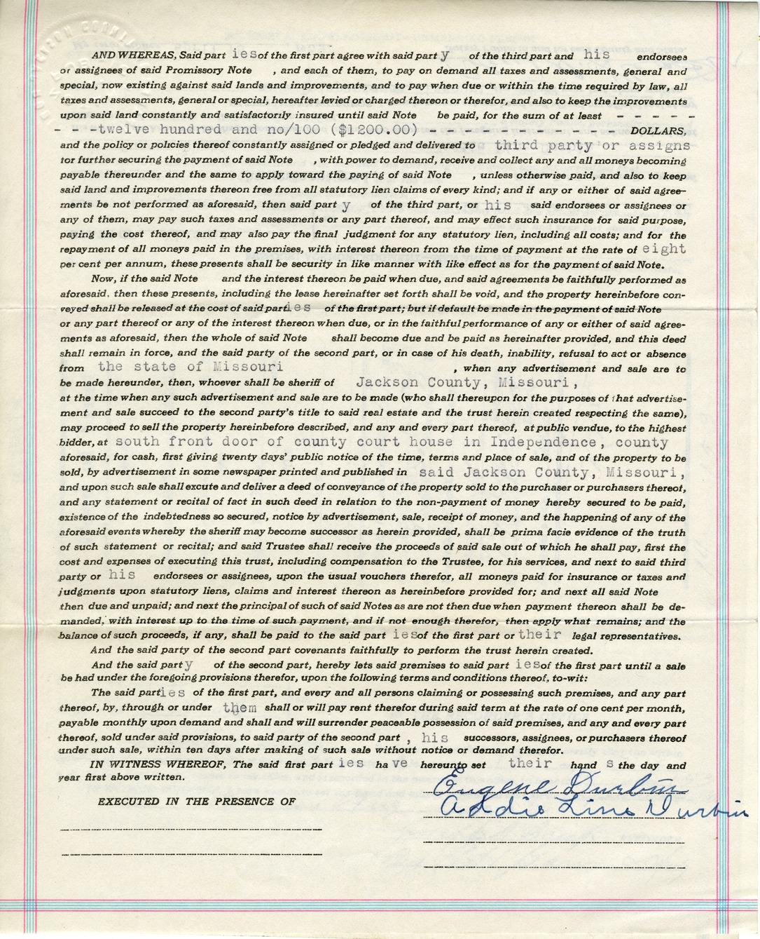 Deed of Trust from Eugene Durbin and Addie Line Durbin to Kenneth Tapp