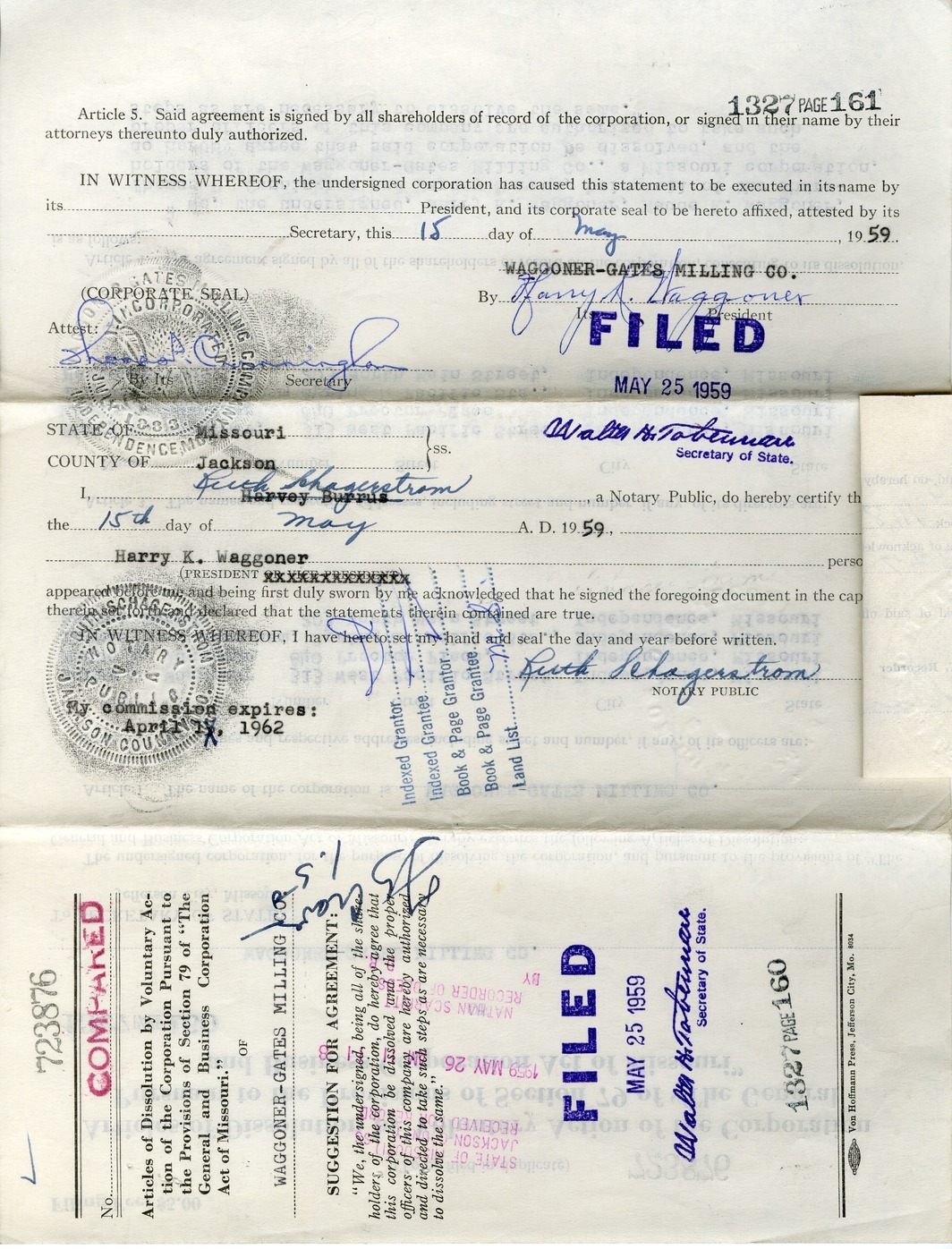 Articles of Dissolution by Voluntary Action of the Corporation Pursuant to the Provisions of Section 79 of "The General and Business Corporation Act of Missouri" of Waggoner-Gates Milling Company
