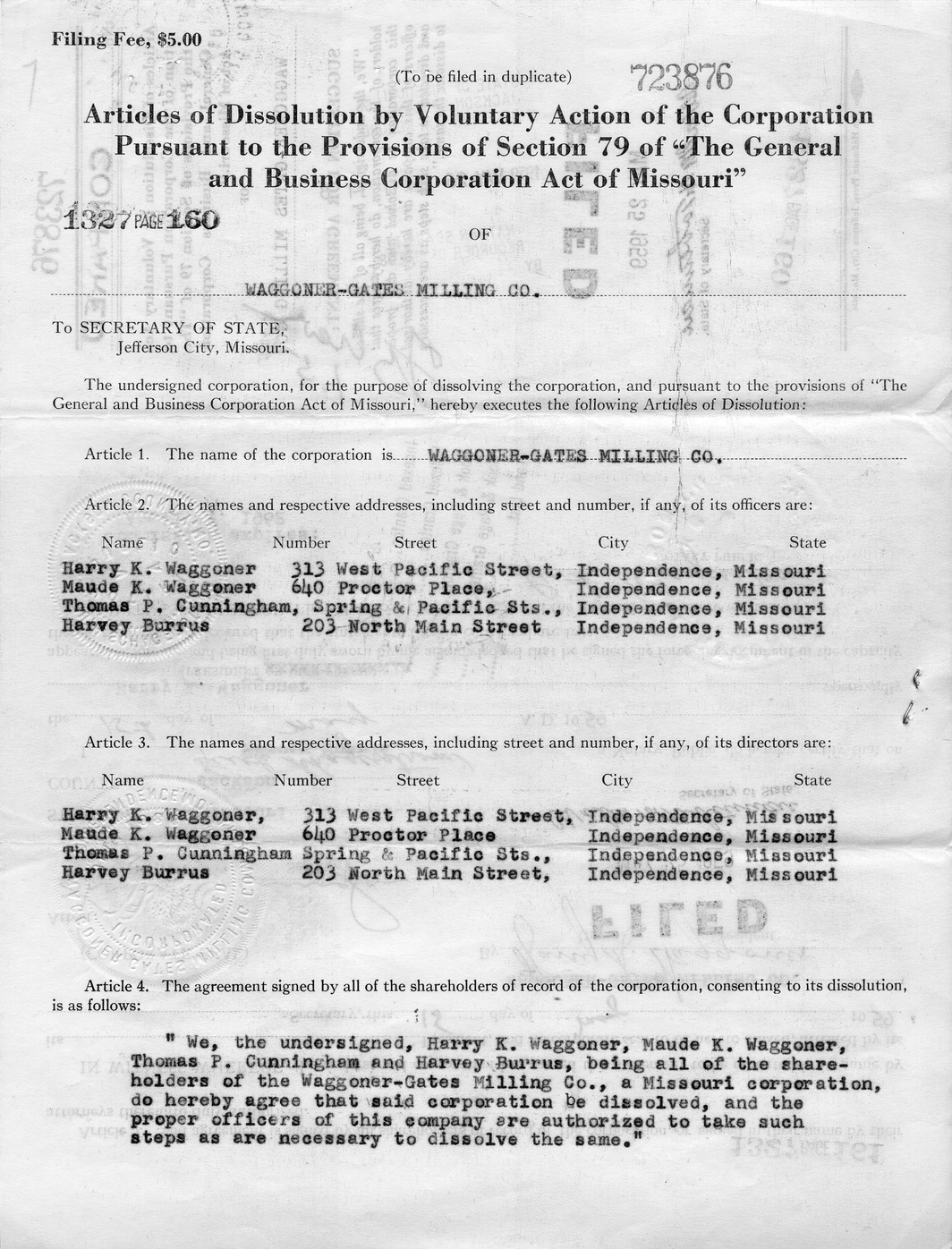 Articles of Dissolution by Voluntary Action of the Corporation Pursuant to the Provisions of Section 79 of "The General and Business Corporation Act of Missouri" of Waggoner-Gates Milling Company