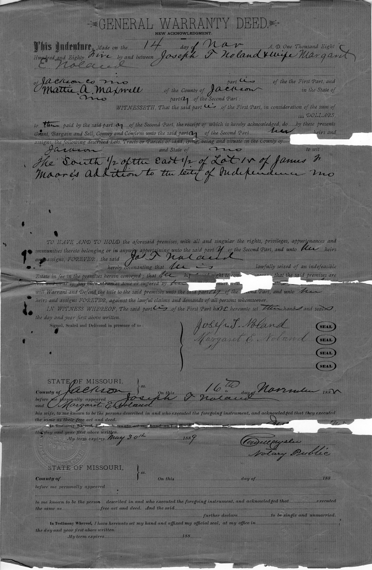 General Warranty Deed from Joseph T. Noland and Margaret E. Noland to Mattie A. Maxwell