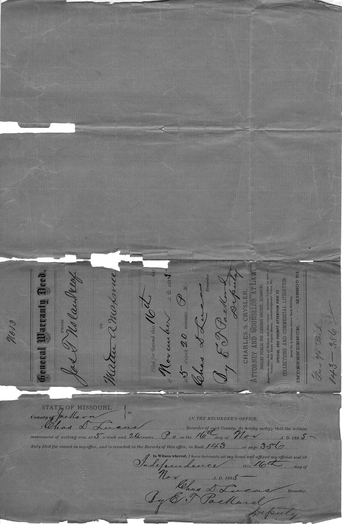 General Warranty Deed from Joseph T. Noland and Margaret E. Noland to Mattie A. Maxwell