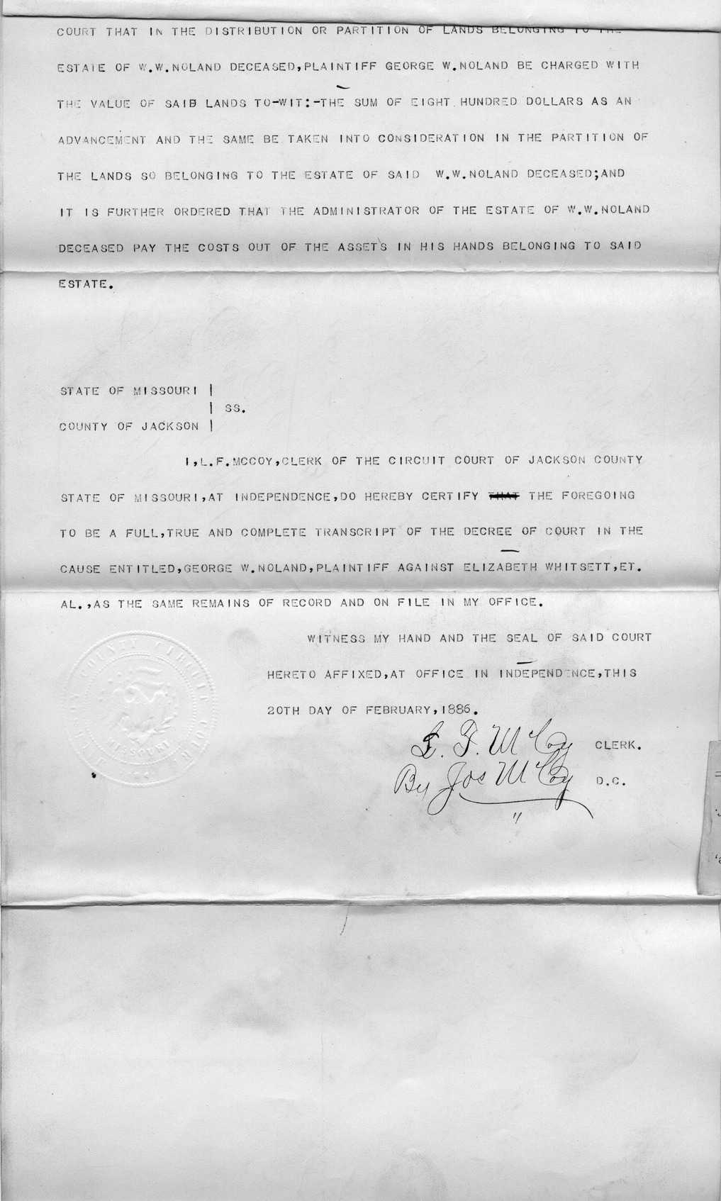 Decree between George W. Noland vs.  Elizabeth Whitsett et al.