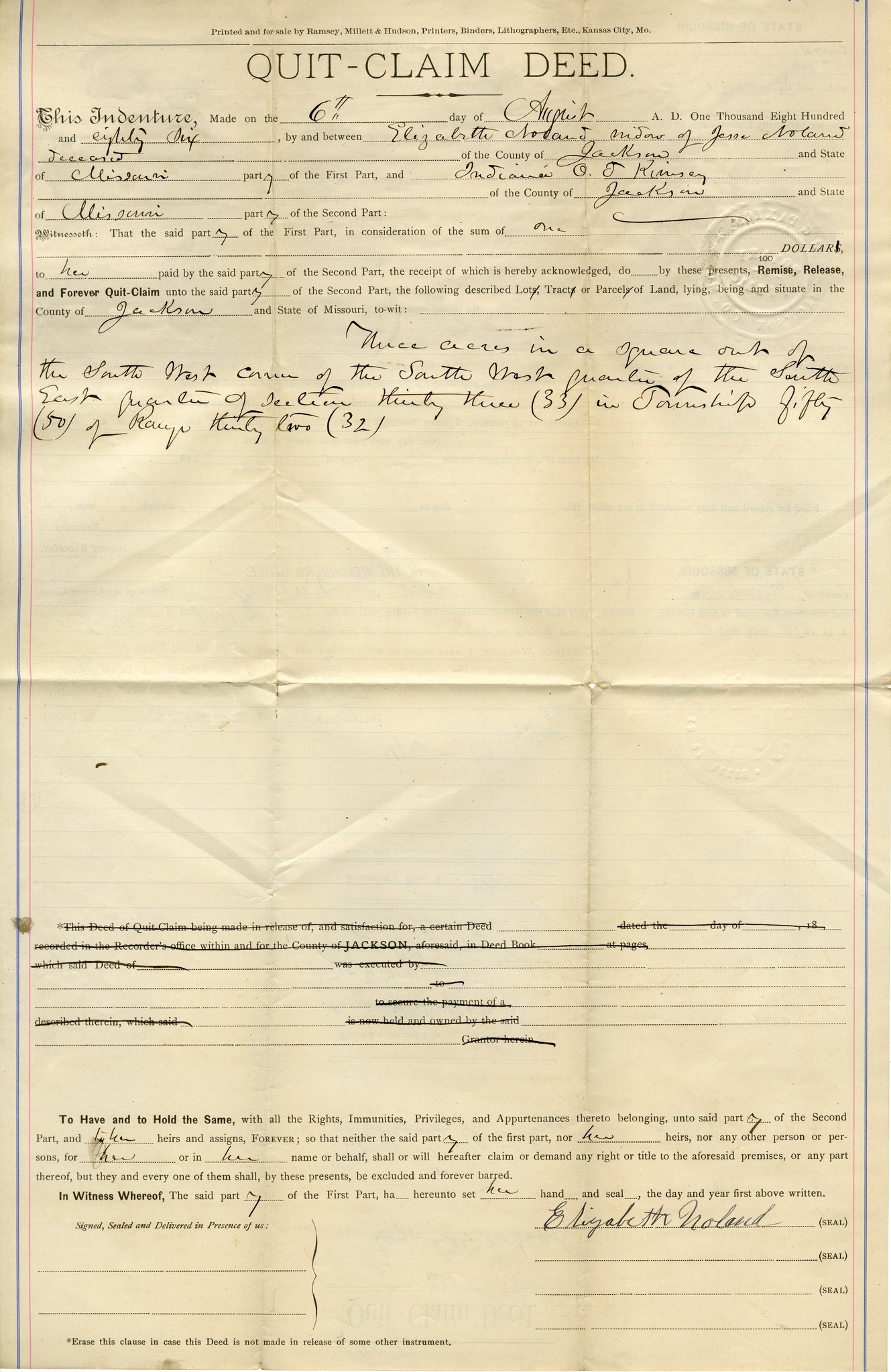 Quit-Claim Deed from Elizabeth Noland to Indiana O. J. Kinsey