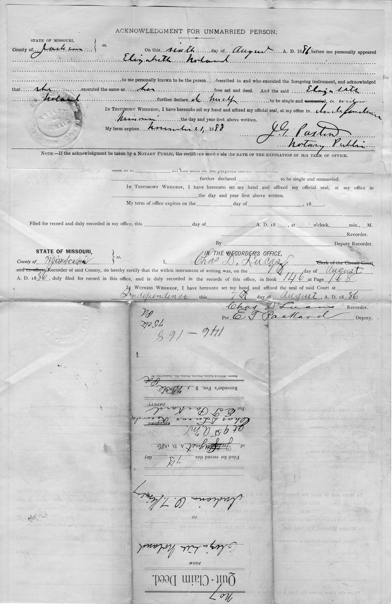 Quit-Claim Deed from Elizabeth Noland to Indiana O. J. Kinsey