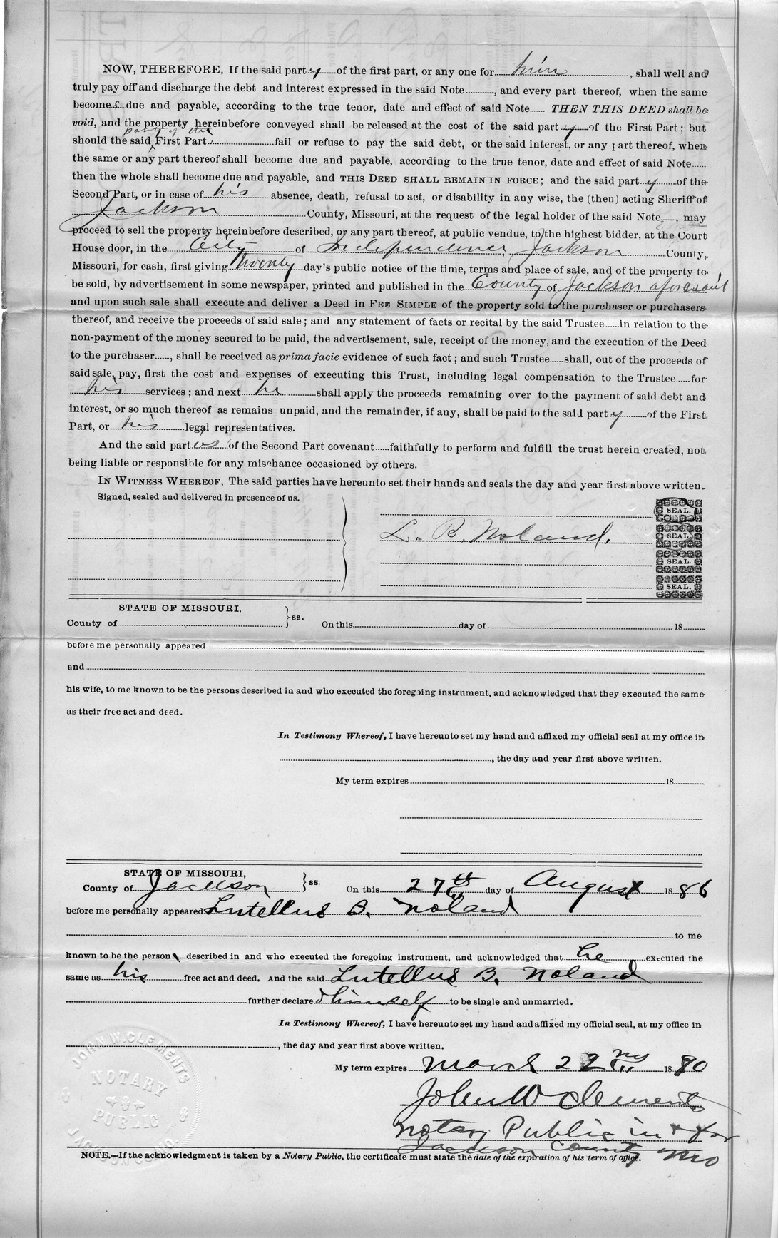 Trust Deed from Lutellus B. Noland to E. P. Gates