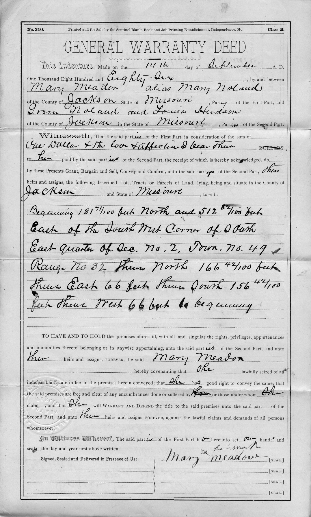 General Warranty Deed from Mary Meadon Alias Mary Noland to Ezra Noland and Louisa Hudson