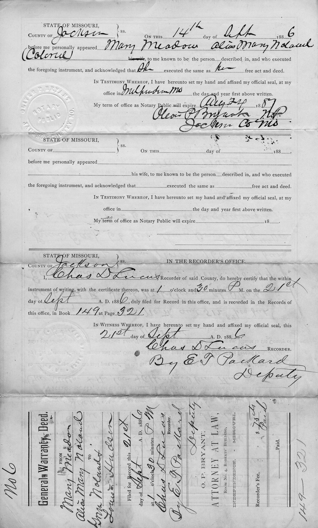 General Warranty Deed from Mary Meadon Alias Mary Noland to Ezra Noland and Louisa Hudson