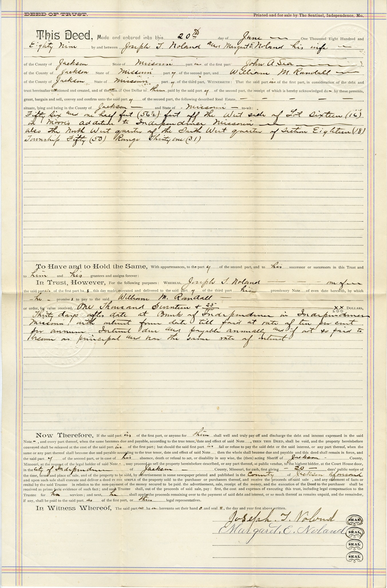 Deed of Trust from Joseph T. Noland to John A. Sea for William M. Randall