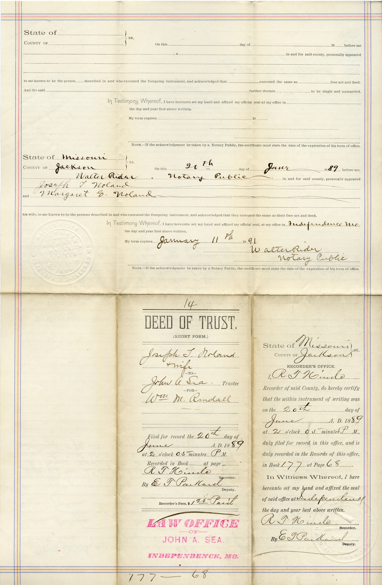 Deed of Trust from Joseph T. Noland to John A. Sea for William M. Randall