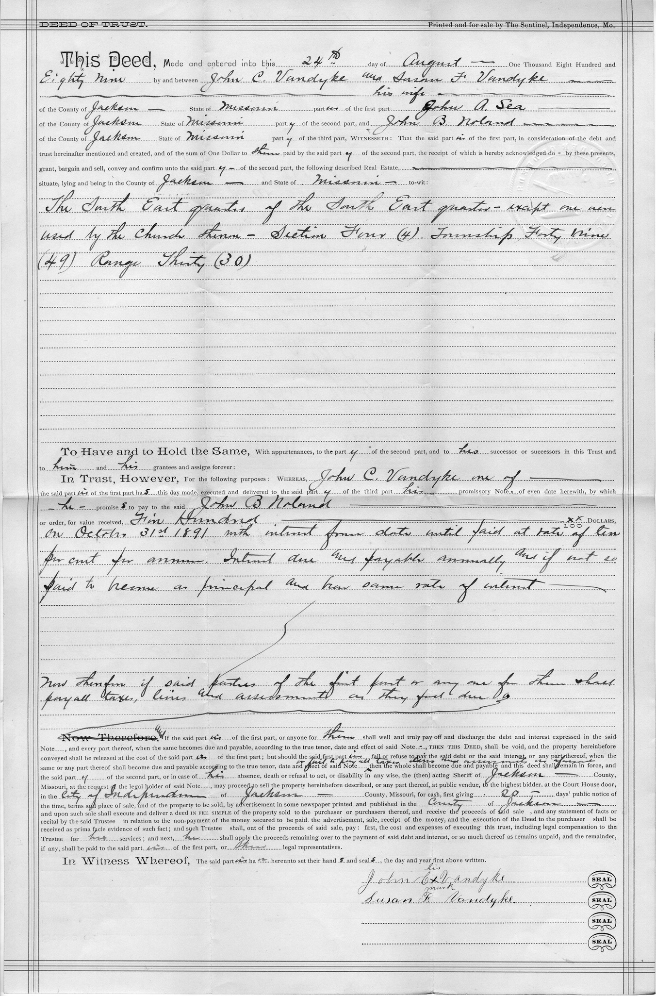 Deed of Trust from John C. Vandyke and Susan F. Vandyke to John A. Sea for John B. Noland
