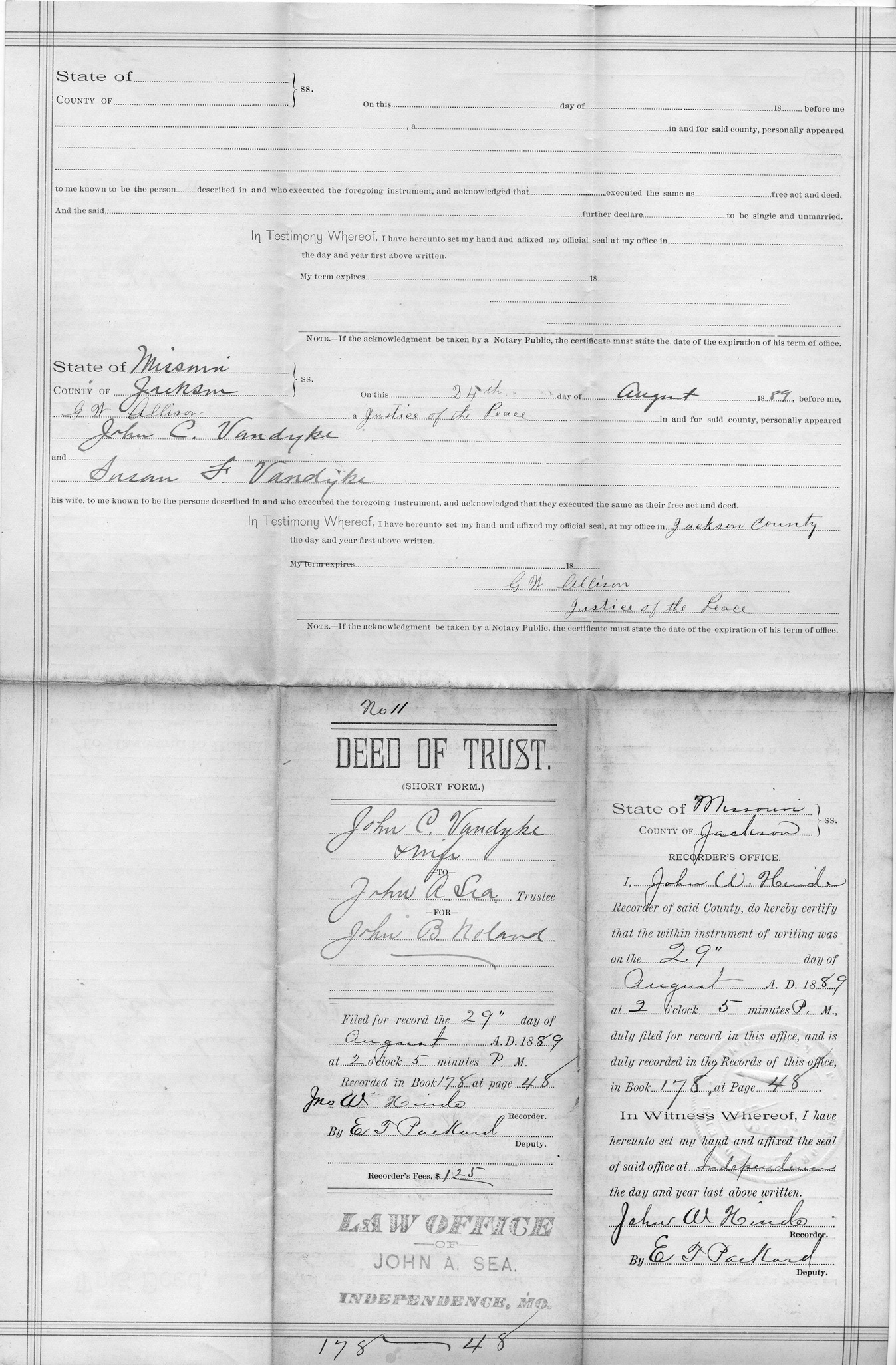 Deed of Trust from John C. Vandyke and Susan F. Vandyke to John A. Sea for John B. Noland