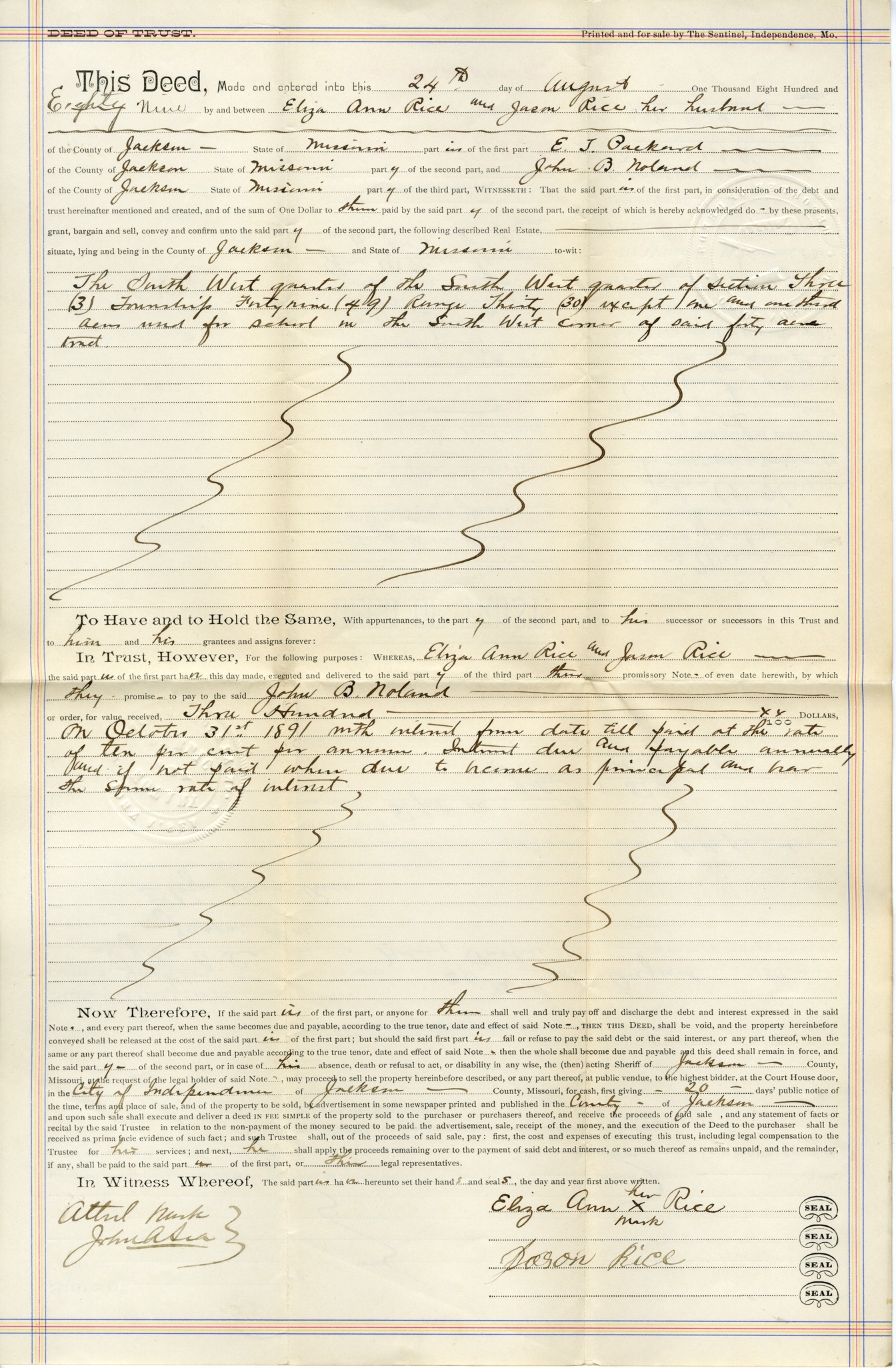Deed of Trust from Eliza Ann Rice and Jason Rice to E. J. Packard for John B. Noland