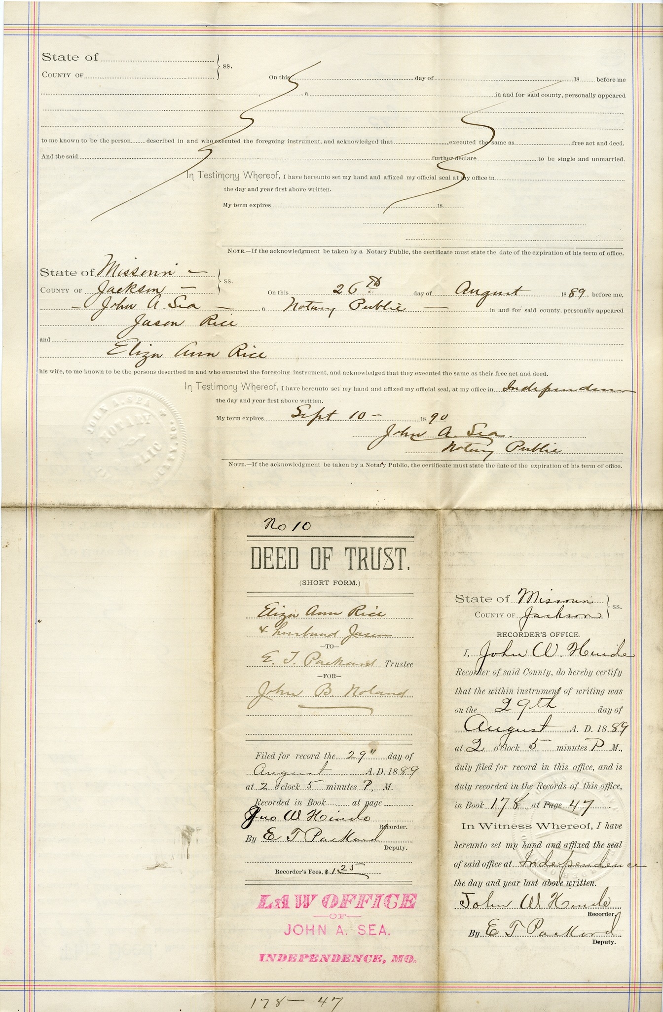 Deed of Trust from Eliza Ann Rice and Jason Rice to E. J. Packard for John B. Noland