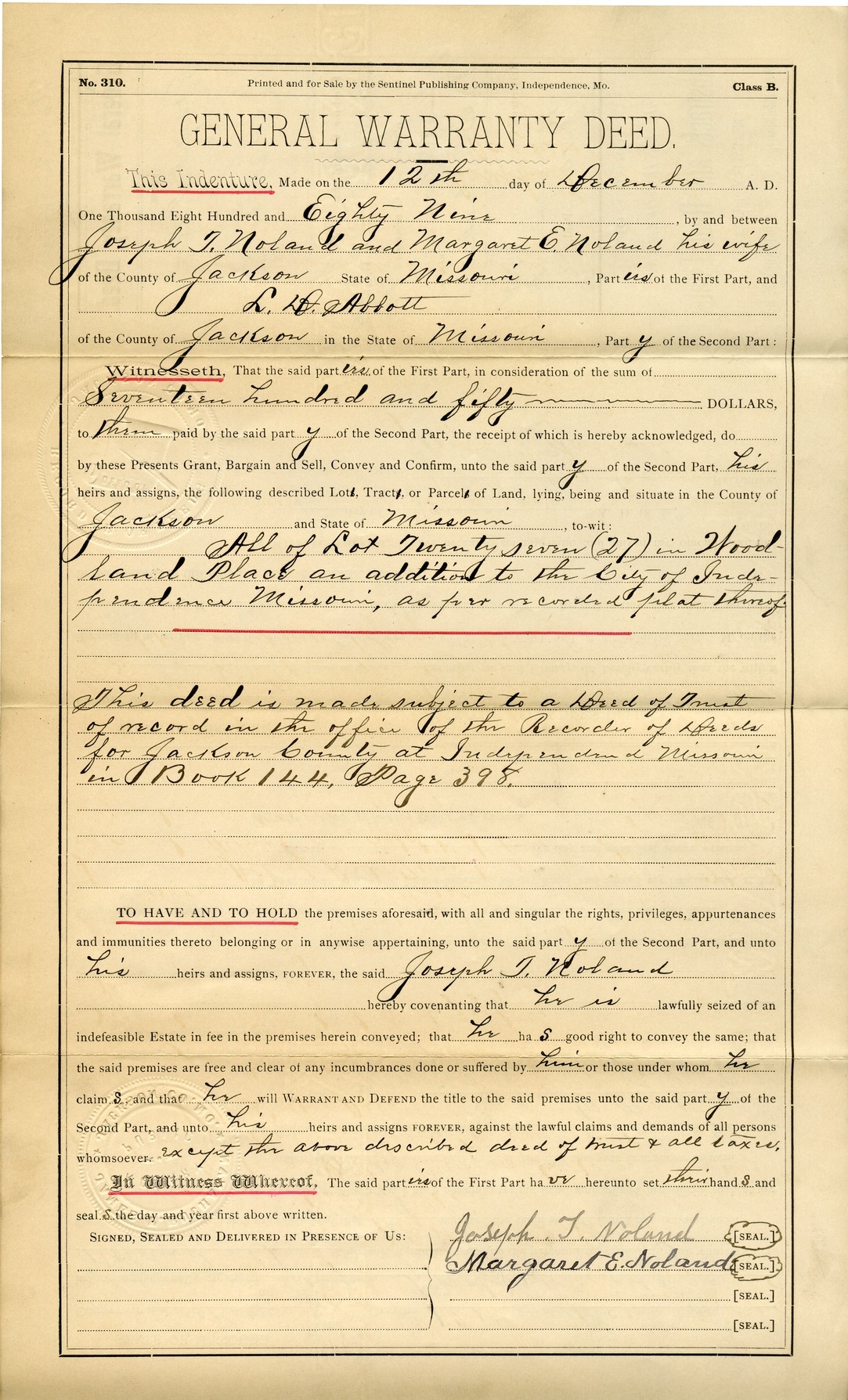 General Warranty Deed from Joseph T. Noland and Margaret E. Noland to L. F. Abbott
