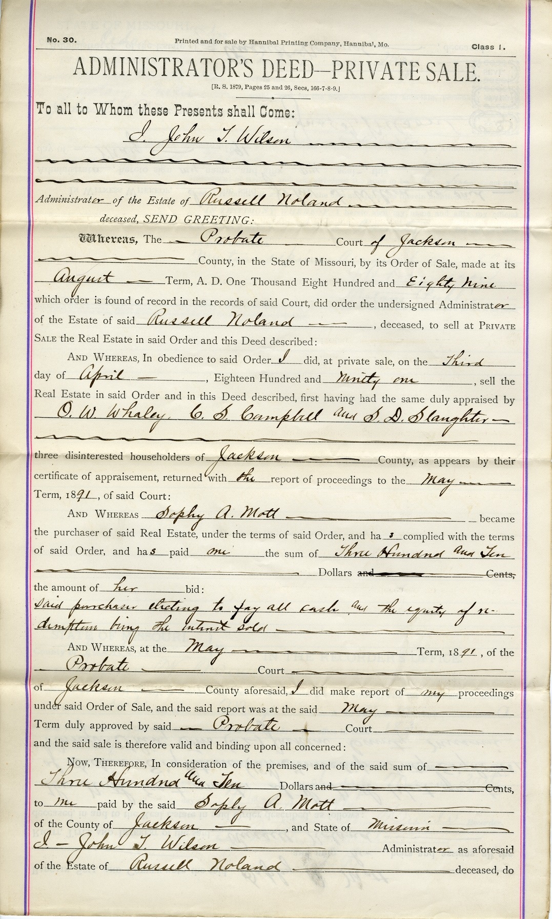 Administrator's Deed from John T. Wilson to Sophy A. Mott