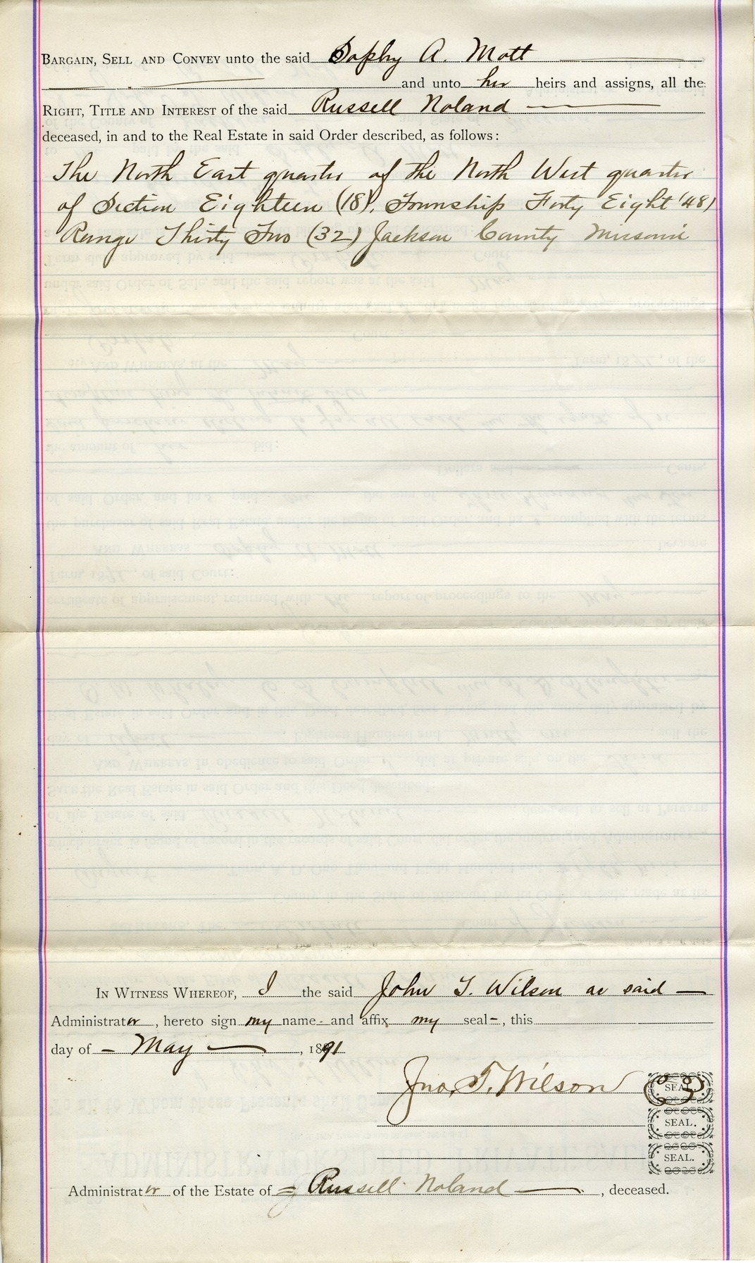 Administrator's Deed from John T. Wilson to Sophy A. Mott