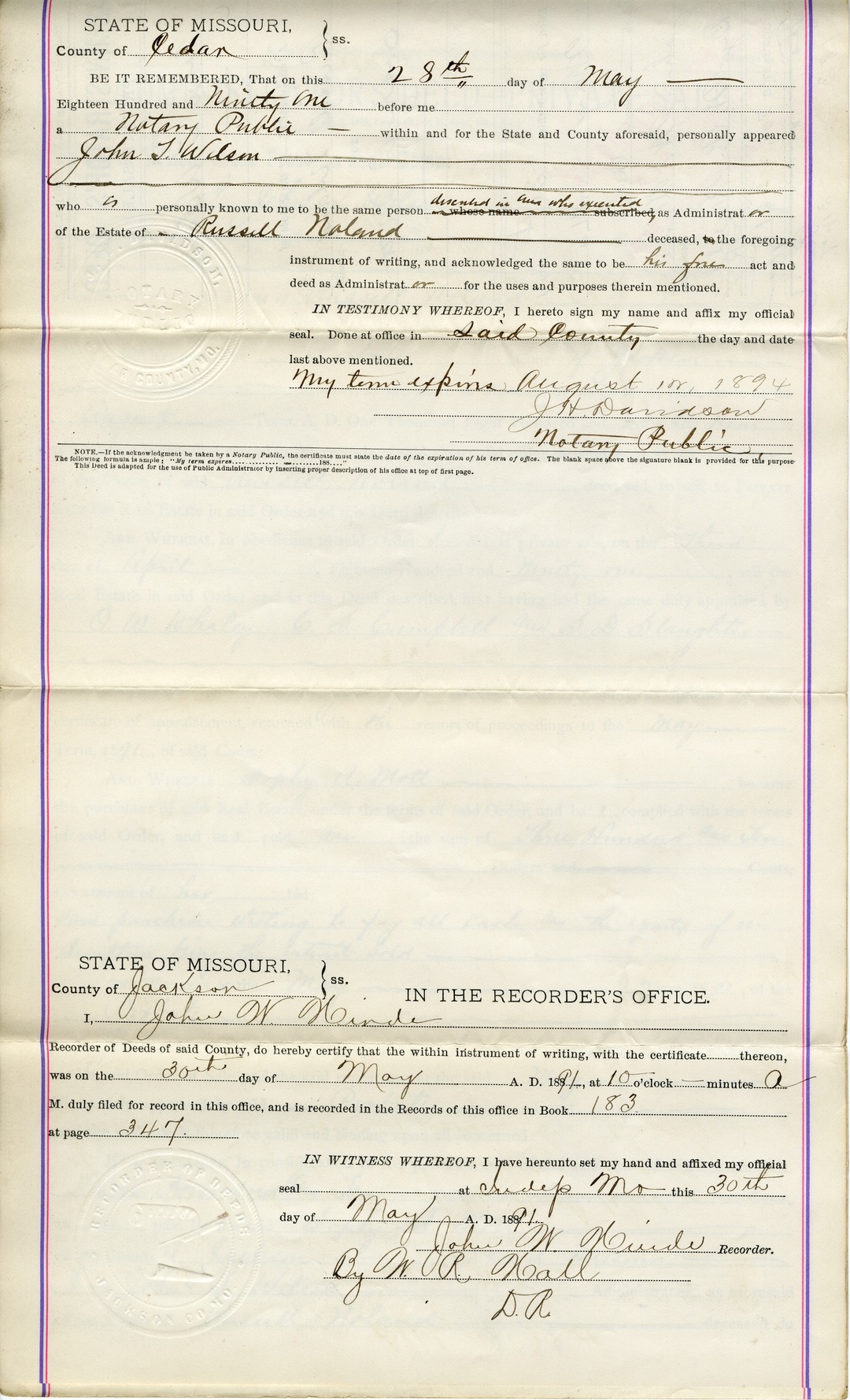 Administrator's Deed from John T. Wilson to Sophy A. Mott