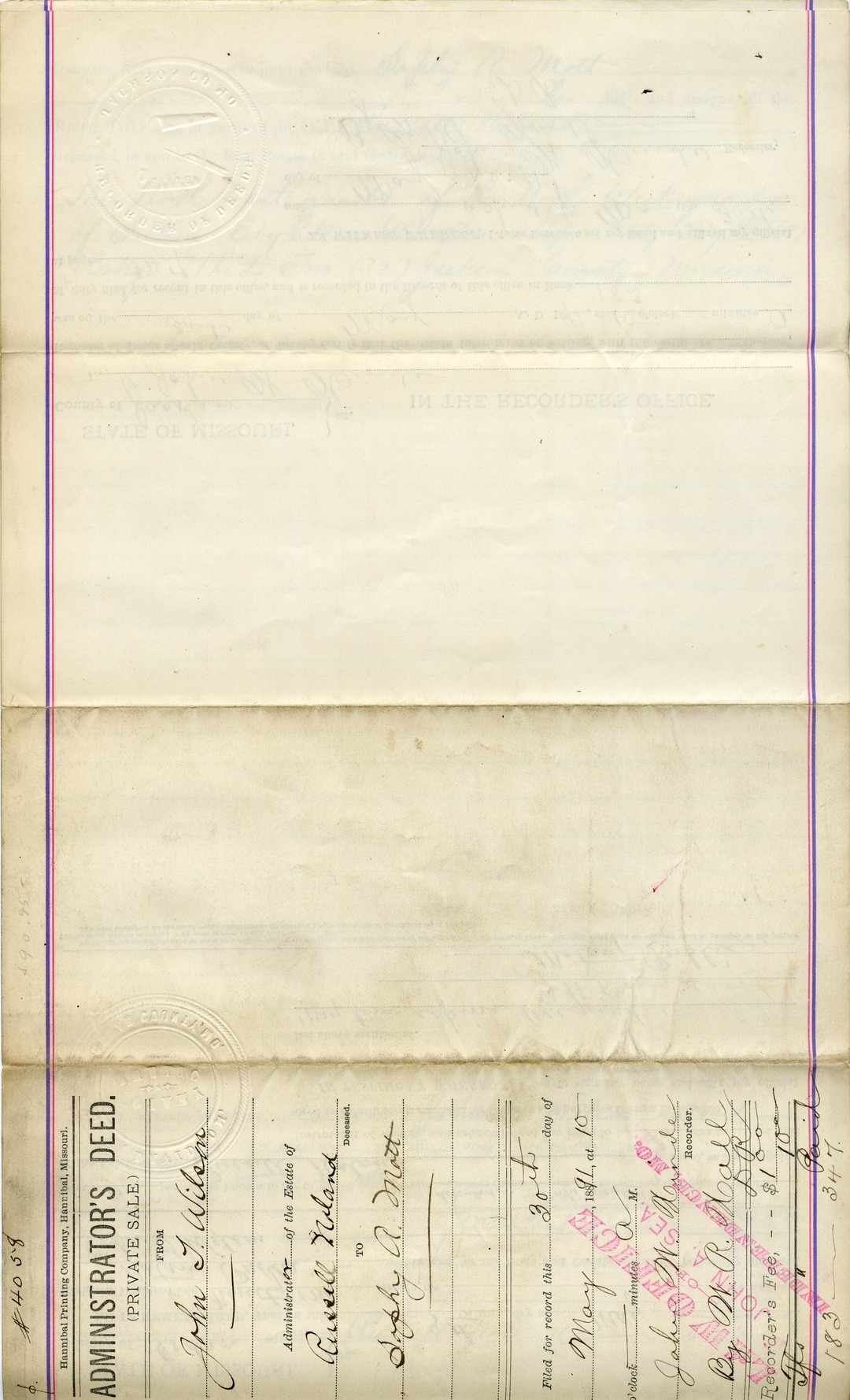 Administrator's Deed from John T. Wilson to Sophy A. Mott