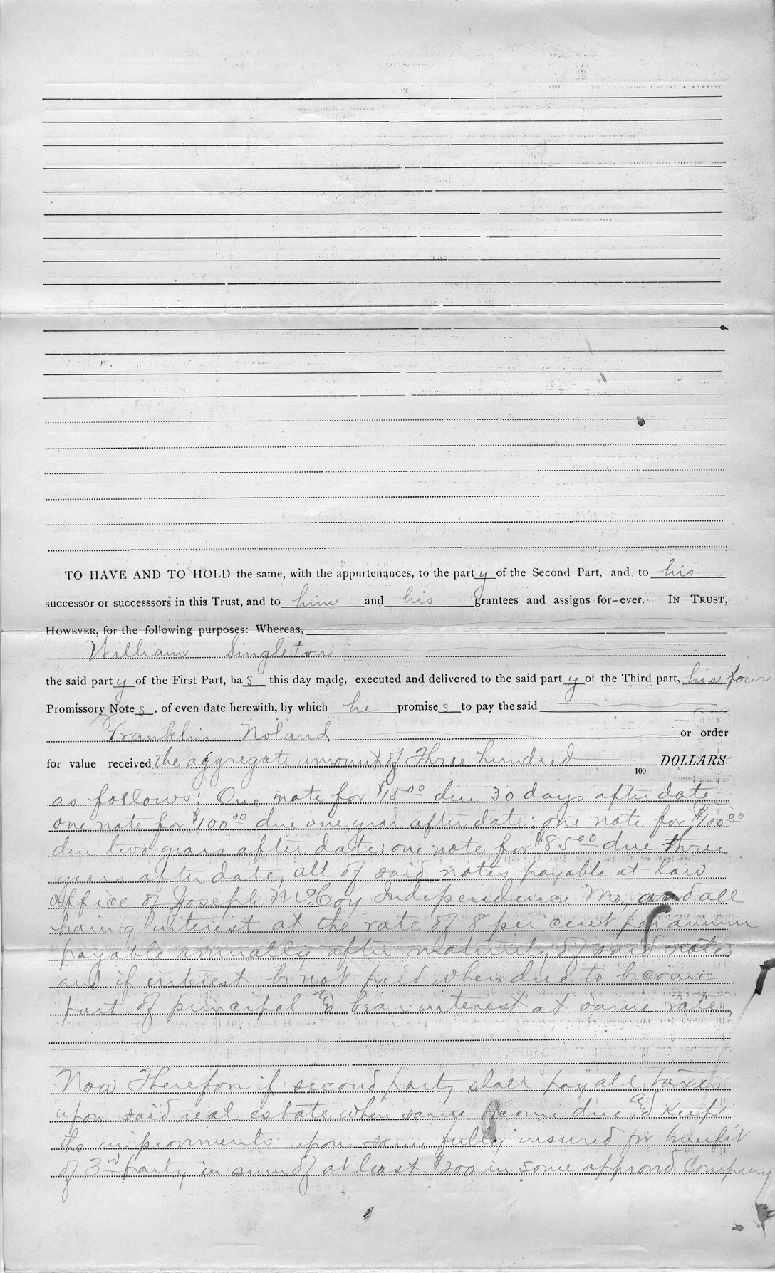 Trust Deed from William Singleton to John M. Smurr for Franklin Noland