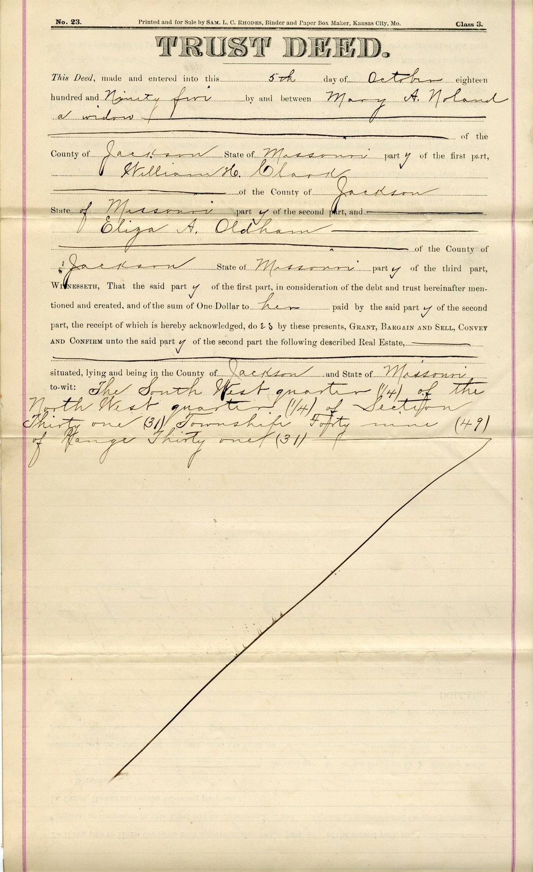Trust Deed from Mary A. Noland to William H. Clark Jr. for Eliza A. Oldham