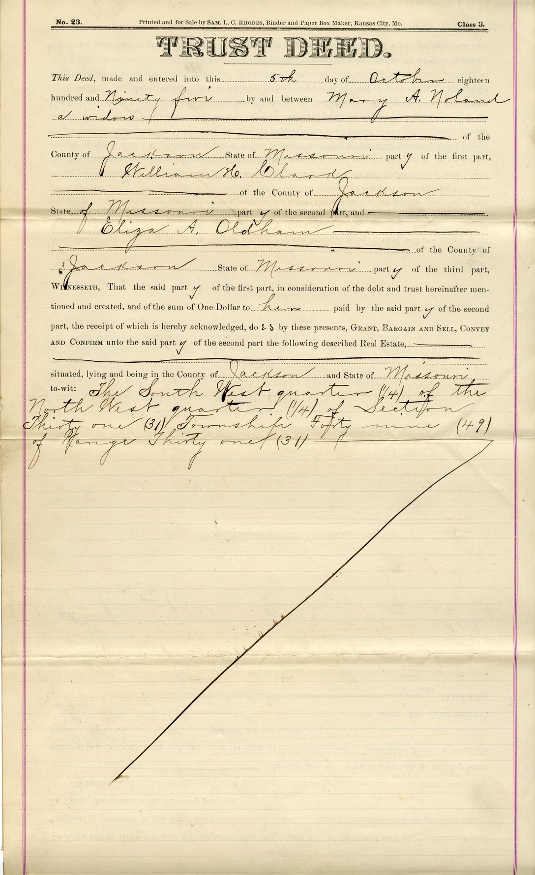 Trust Deed from Mary A. Noland to William H. Clark Jr. for Eliza A. Oldham