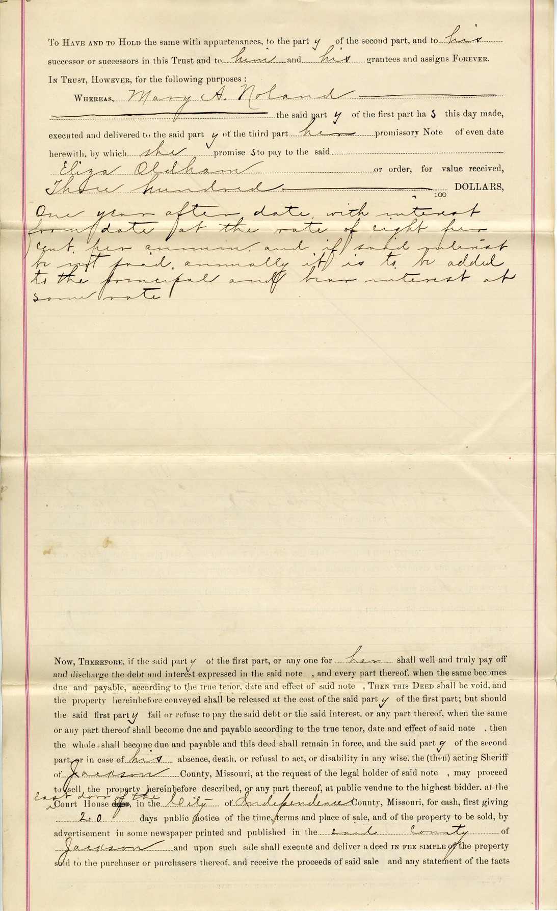 Trust Deed from Mary A. Noland to William H. Clark Jr. for Eliza A. Oldham