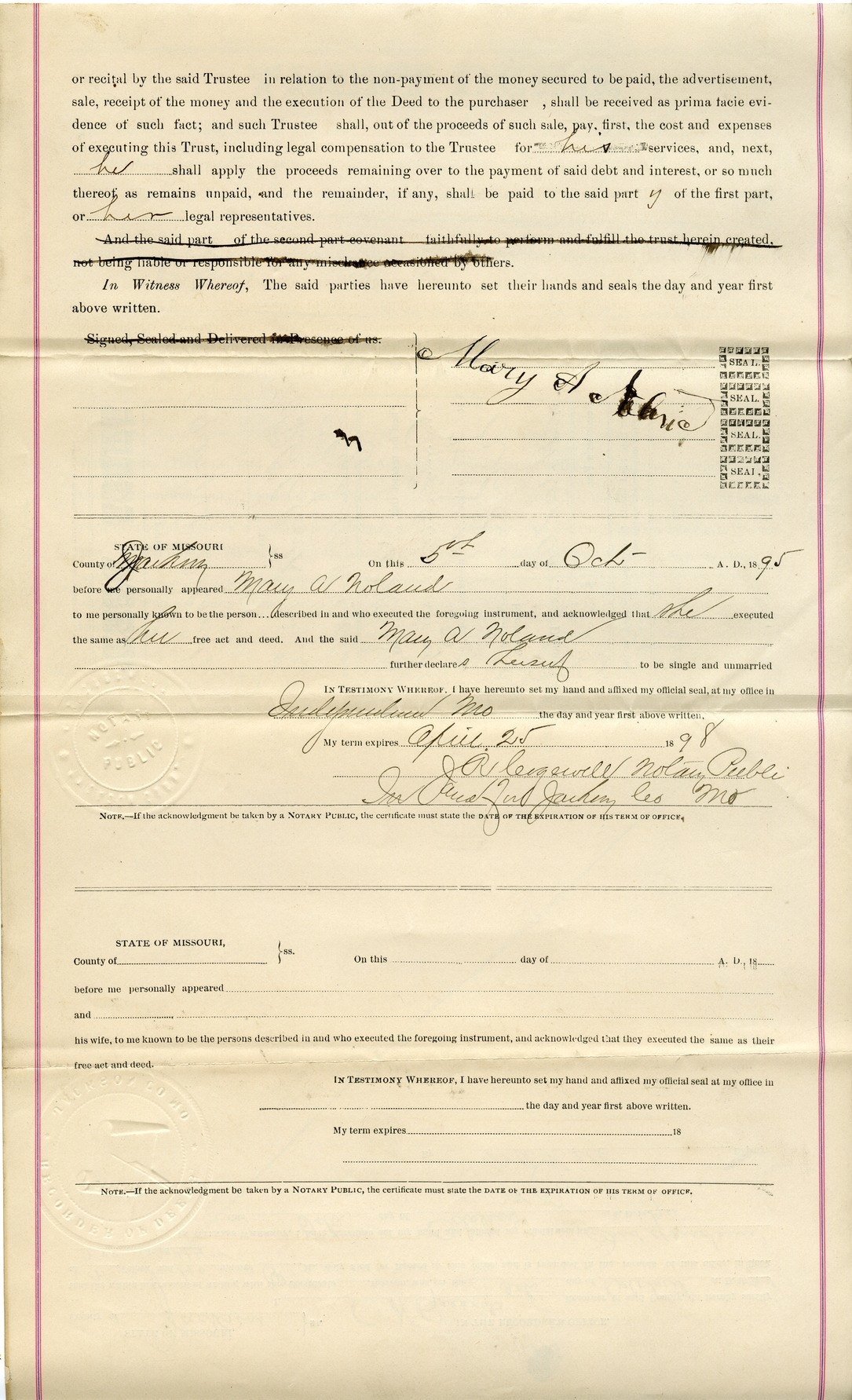 Trust Deed from Mary A. Noland to William H. Clark Jr. for Eliza A. Oldham