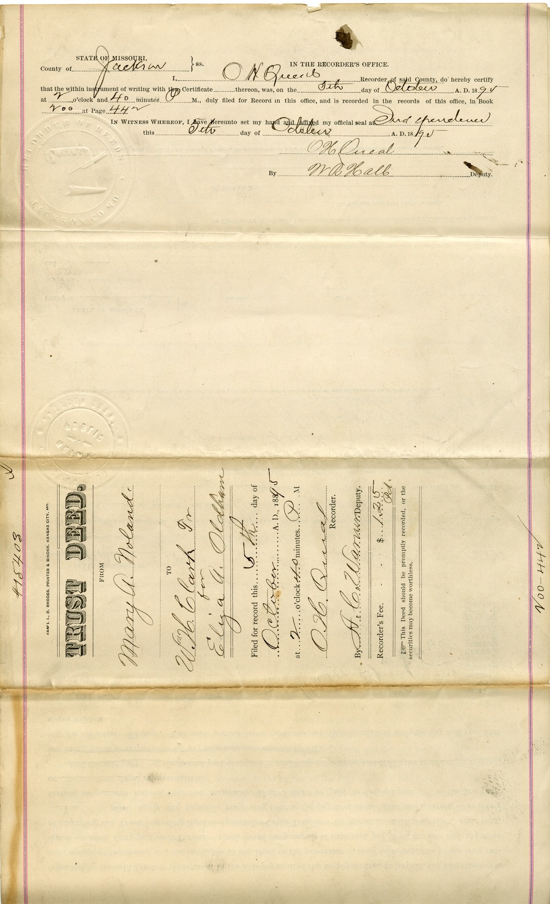 Trust Deed from Mary A. Noland to William H. Clark Jr. for Eliza A. Oldham