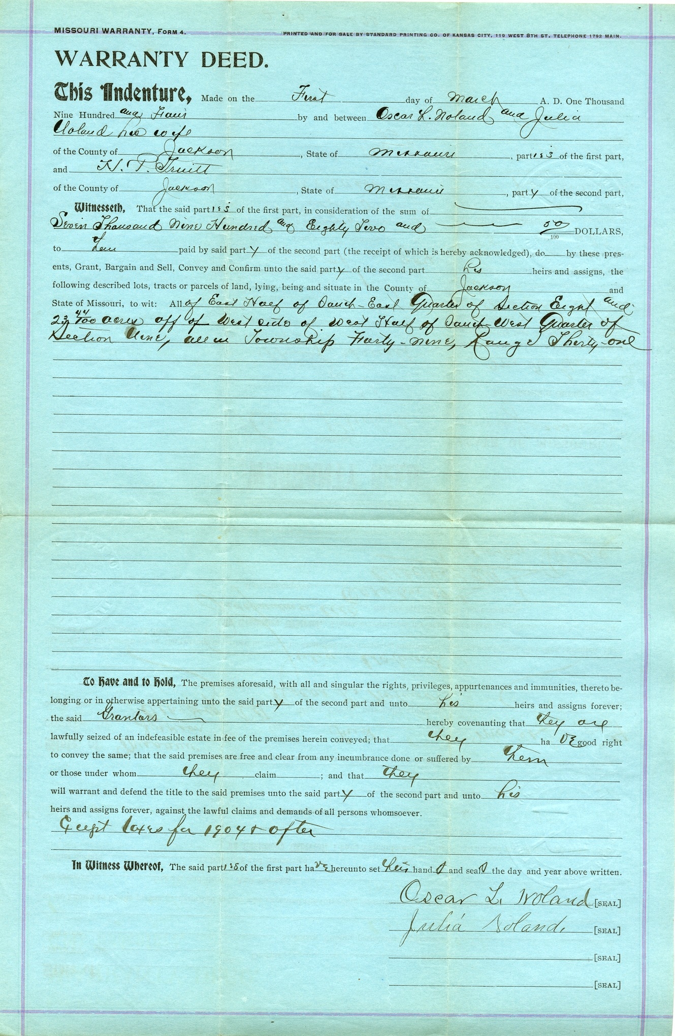 Warranty Deed from Oscar L. Noland and Julia Noland to H. P. Truitt