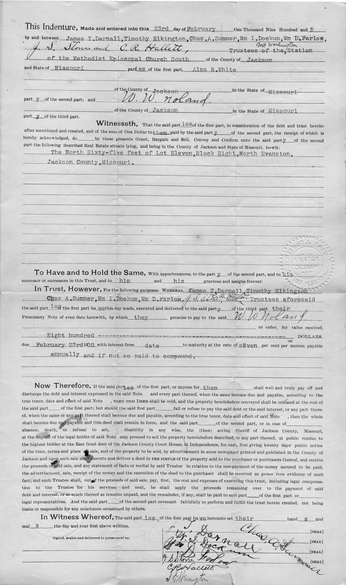 Deed of Trust from James T. Darnall et al. to Alma R. White for W. W. Noland